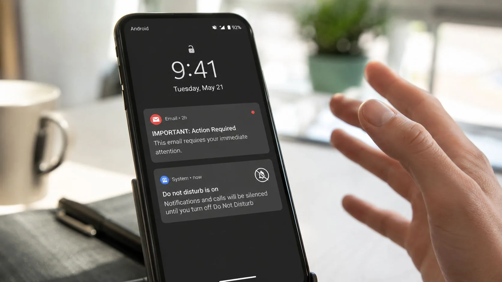 Uno schermo di smartphone che mostra un'importante notifica email e un avviso di sistema Non disturbare sul display.