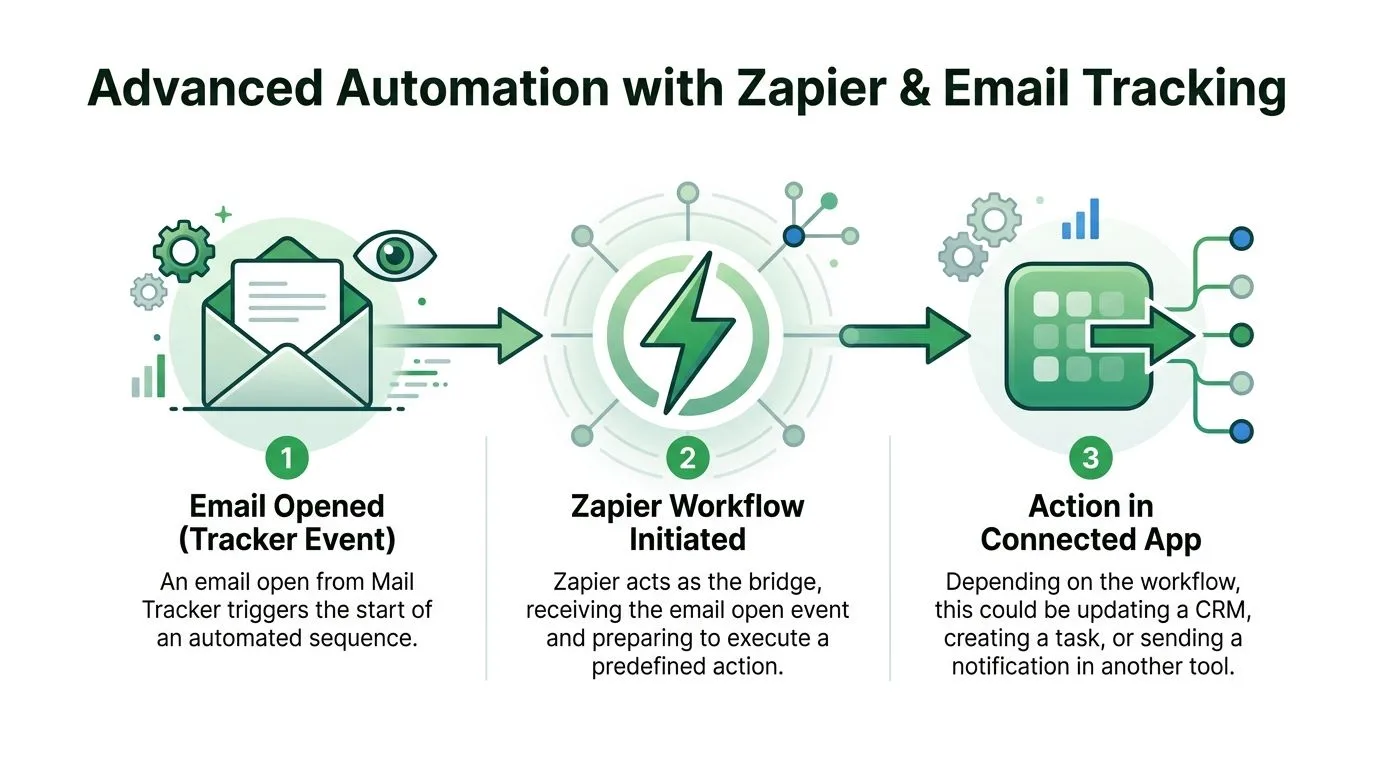Et diagram som illustrerer hvordan en e-poståpningshendelse utløser en Zapier-arbeidsflyt og påfølgende automatiserte handlinger.