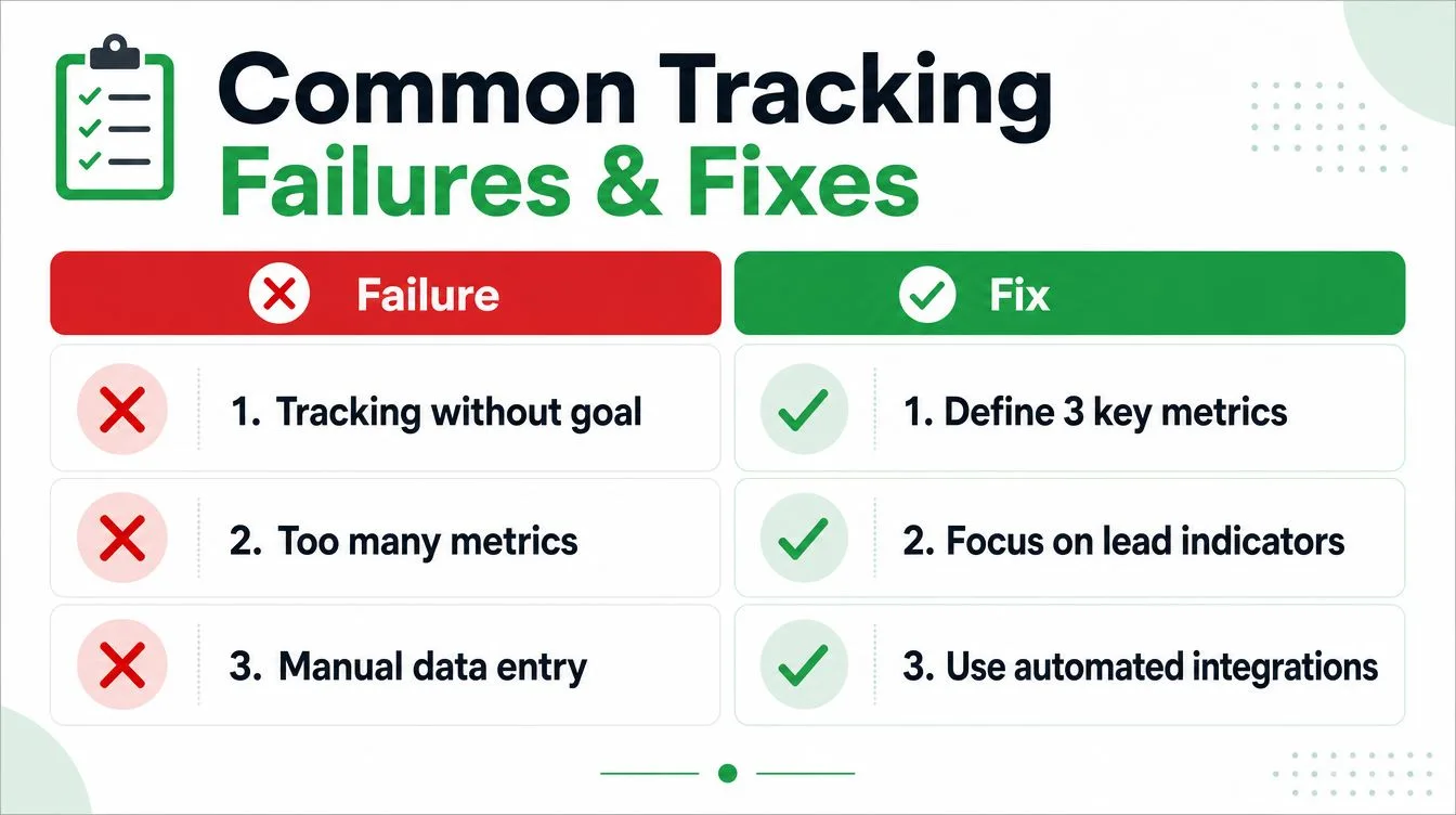 A chart comparing three common tracking failures with their corresponding recommended business improvements and solutions.