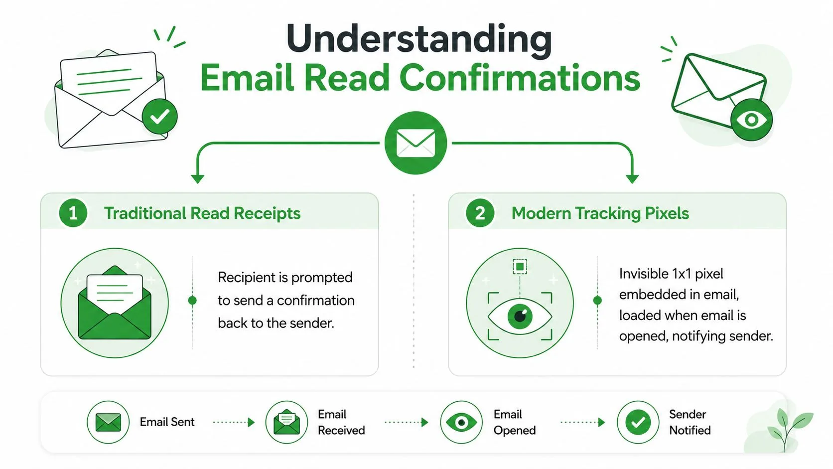 Eine Infografik, die erklärt, wie E-Mail-Lesebestätigungen und moderne Tracking-Pixel funktionieren, um Absender beim Öffnen zu benachrichtigen.