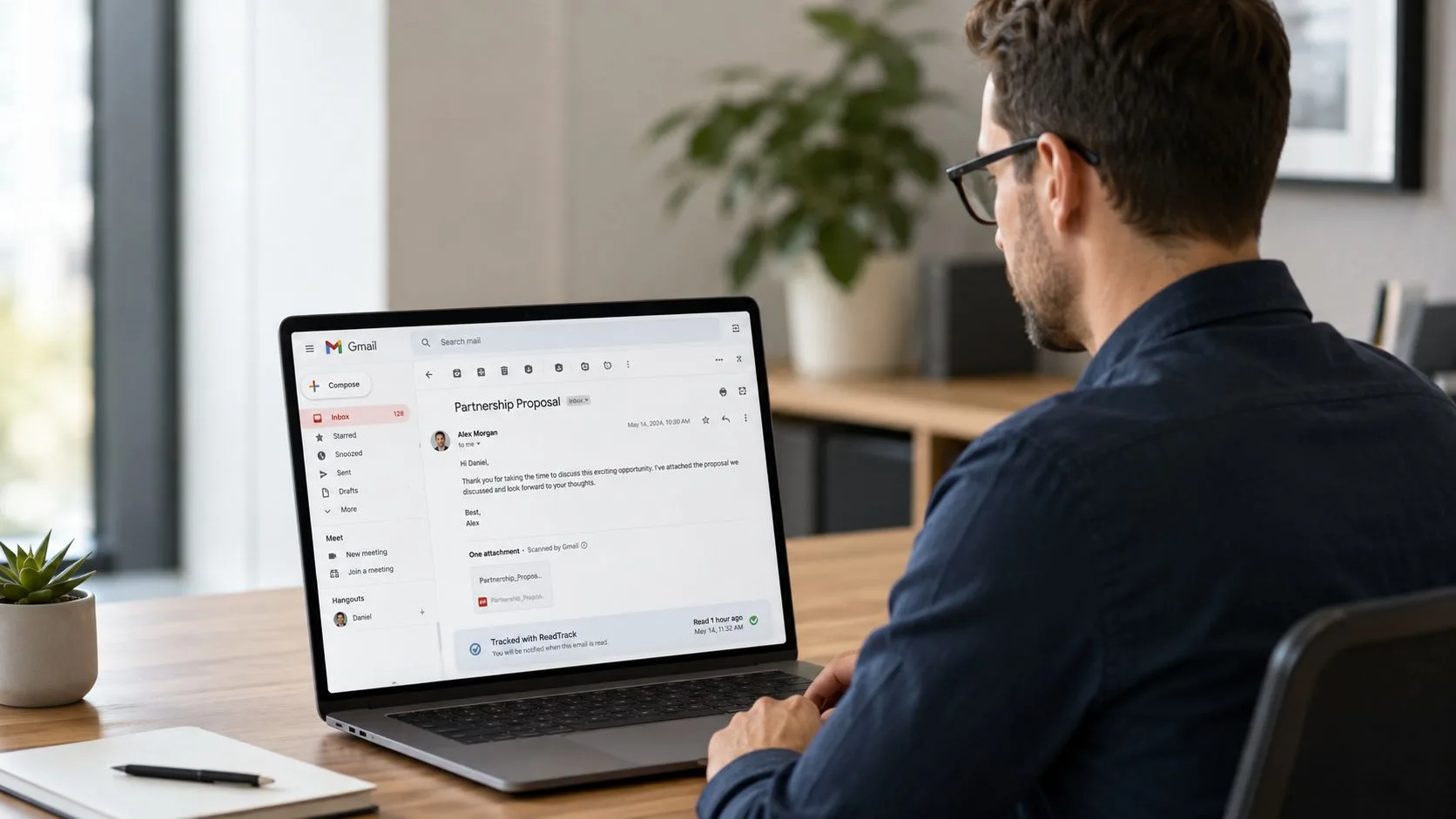 Ein professioneller Mann, der eine getrackte E-Mail auf seinem Laptop überprüft, während er an seinem Schreibtisch sitzt.