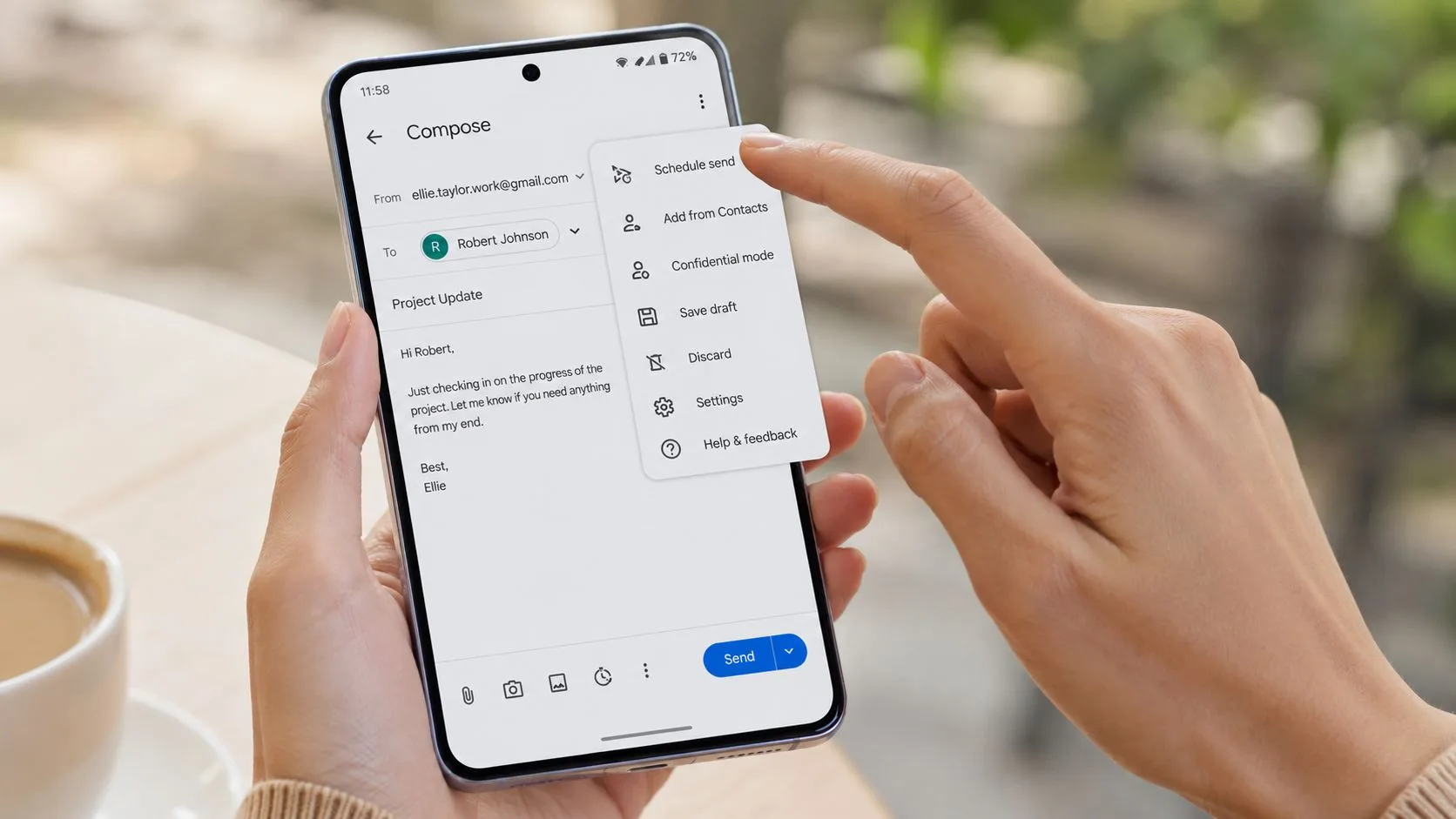A person using a smartphone to compose a Gmail email with the schedule send menu open.