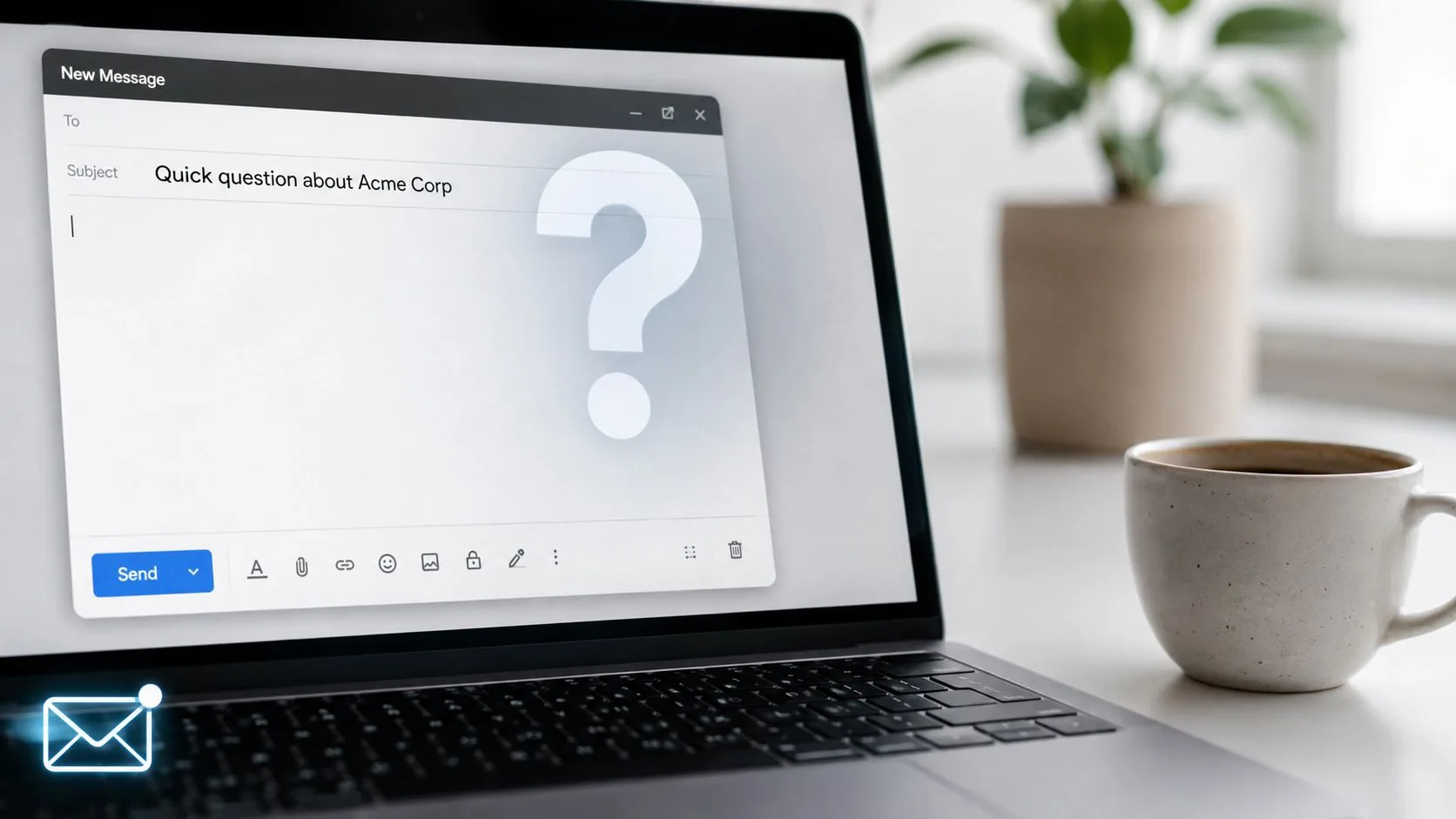 A laptop screen displaying an email draft window with the subject line Quick question about Acme Corp.