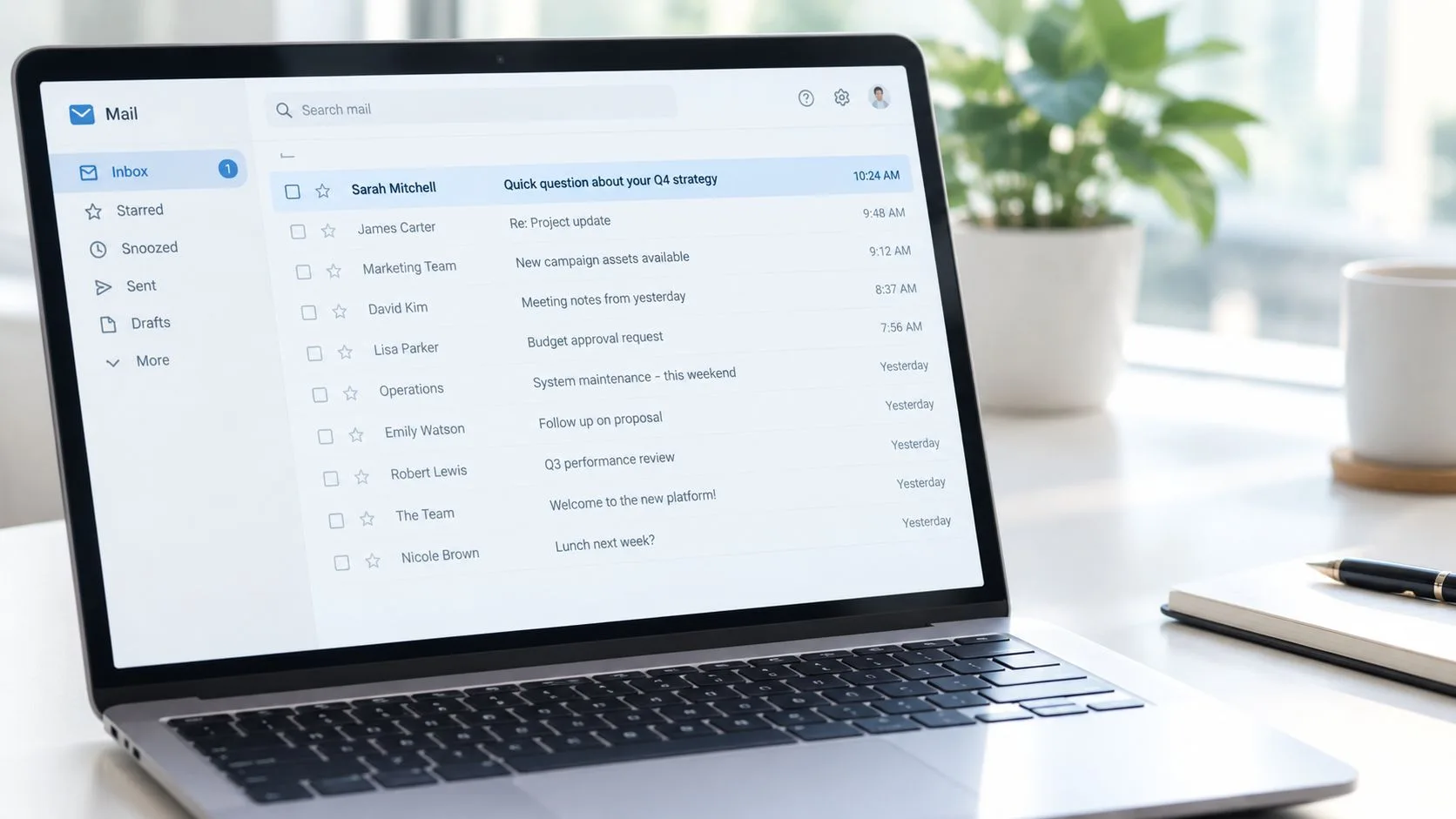 A modern laptop on a white desk displaying an email inbox with several unread messages.