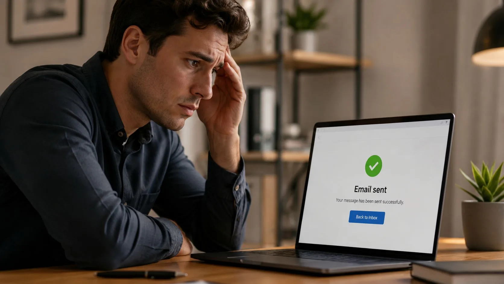 A concerned man sits at a desk looking at a laptop showing an email sent confirmation message.