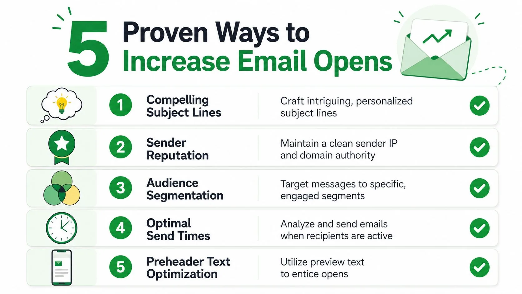 An infographic illustrating five proven strategies for improving email open rates, featuring simple icons for each point.