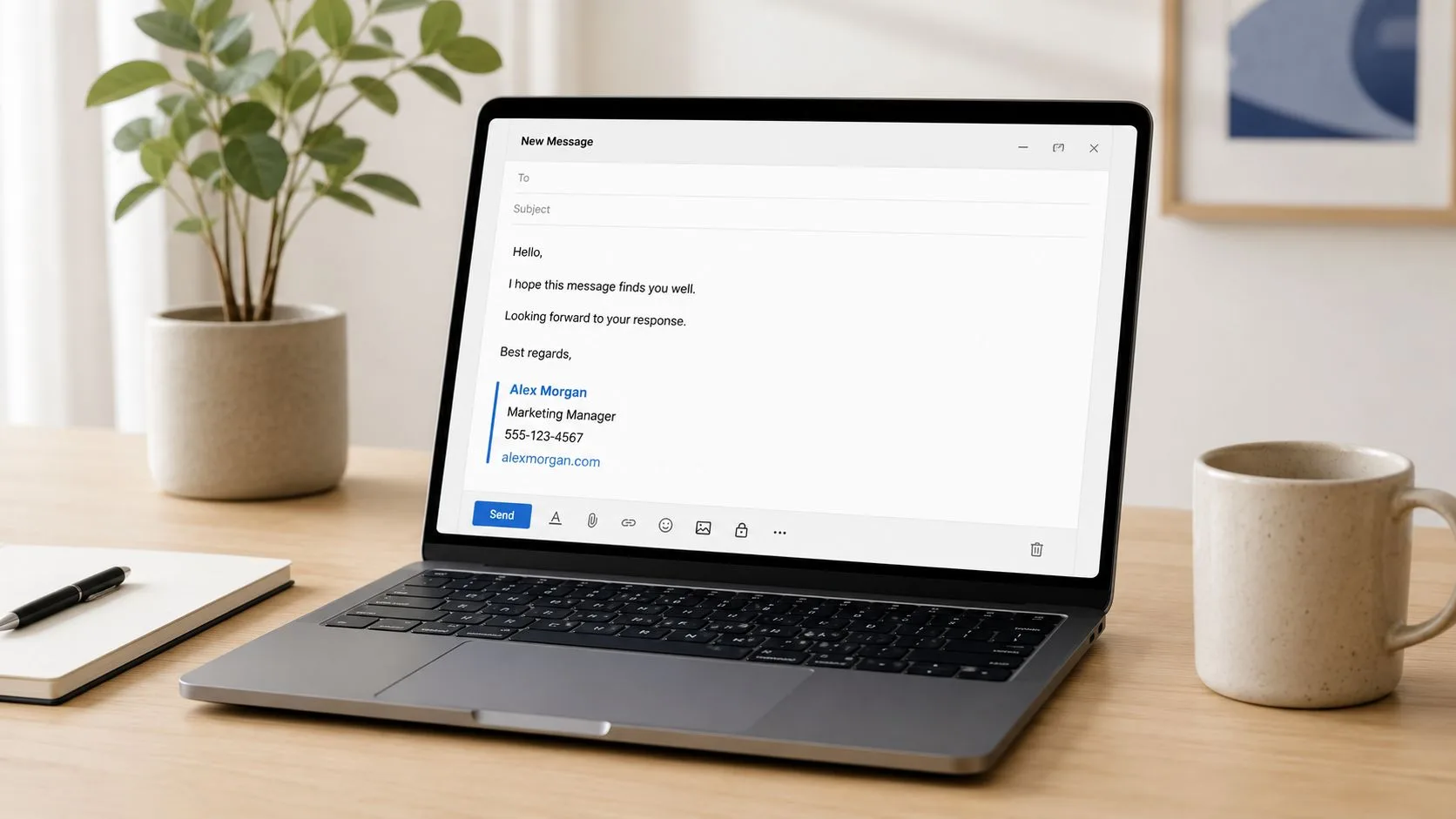 Ein professioneller E-Mail-Entwurf auf einem Laptop-Bildschirm mit einer sauberen Signatur mit Kontaktdaten.