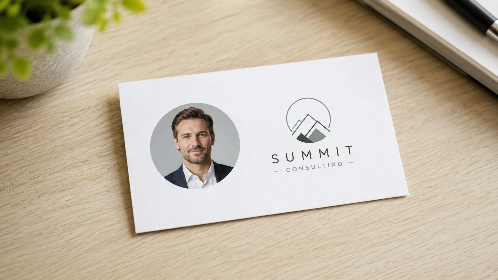 Eine professionelle Visitenkarte mit einem Porträt eines Geschäftsmannes und dem Summit Consulting Logo.