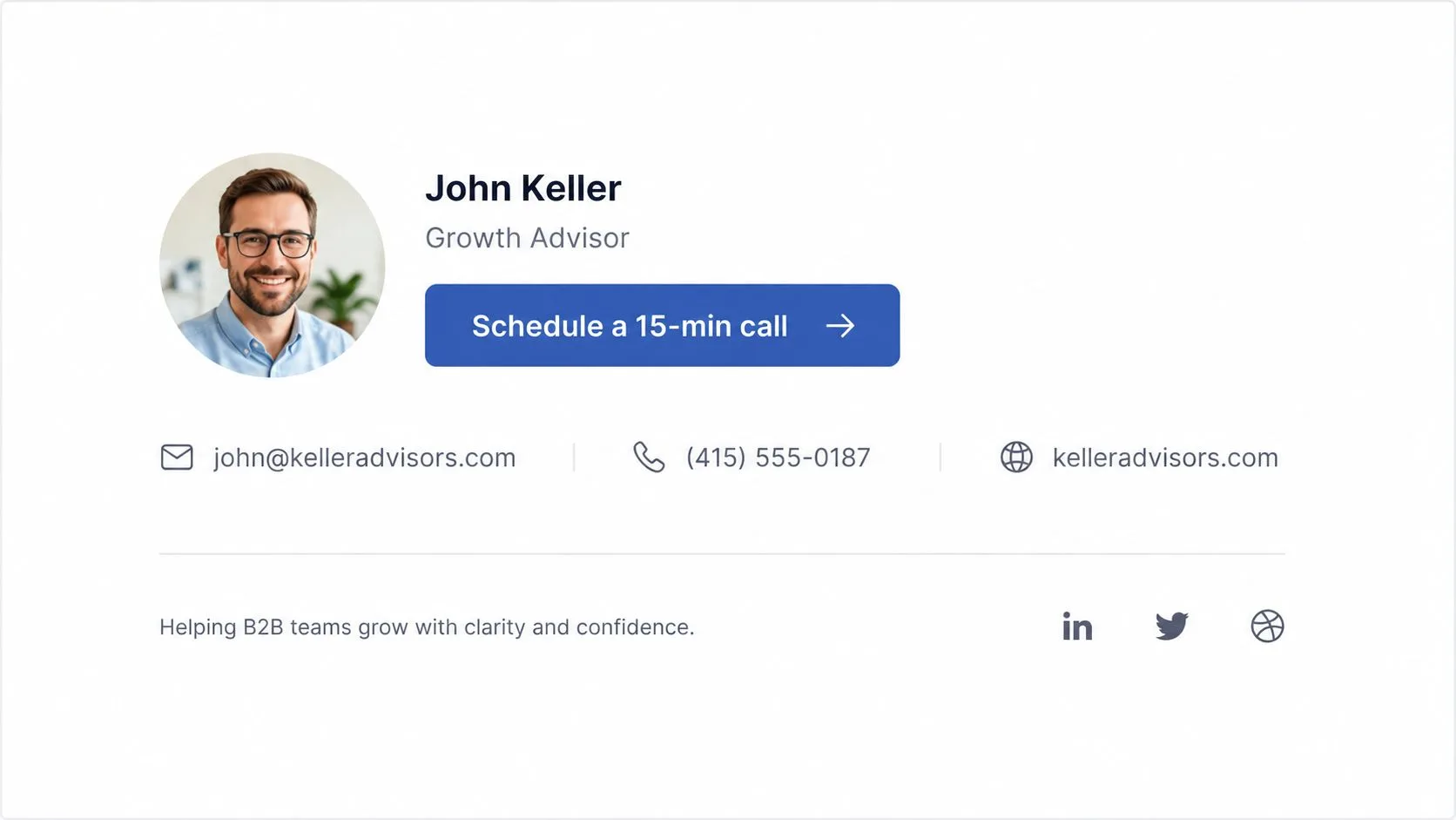 Eine professionelle E-Mail-Signatur für John Keller, Growth Advisor, mit seinen Kontaktinformationen und Social-Media-Links.