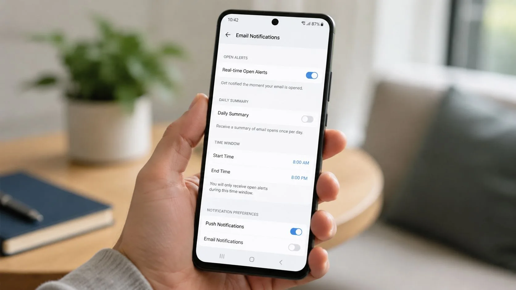 A person holding a smartphone displaying the email notification settings menu on a Gmail app interface.
