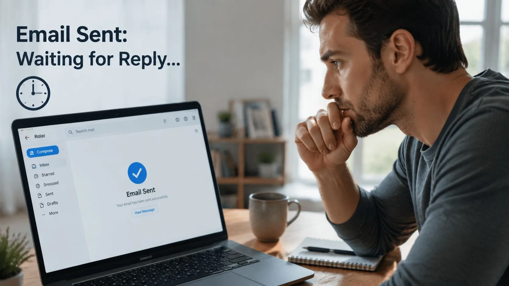 A man looking thoughtfully at his laptop screen after sending an email in his home office.