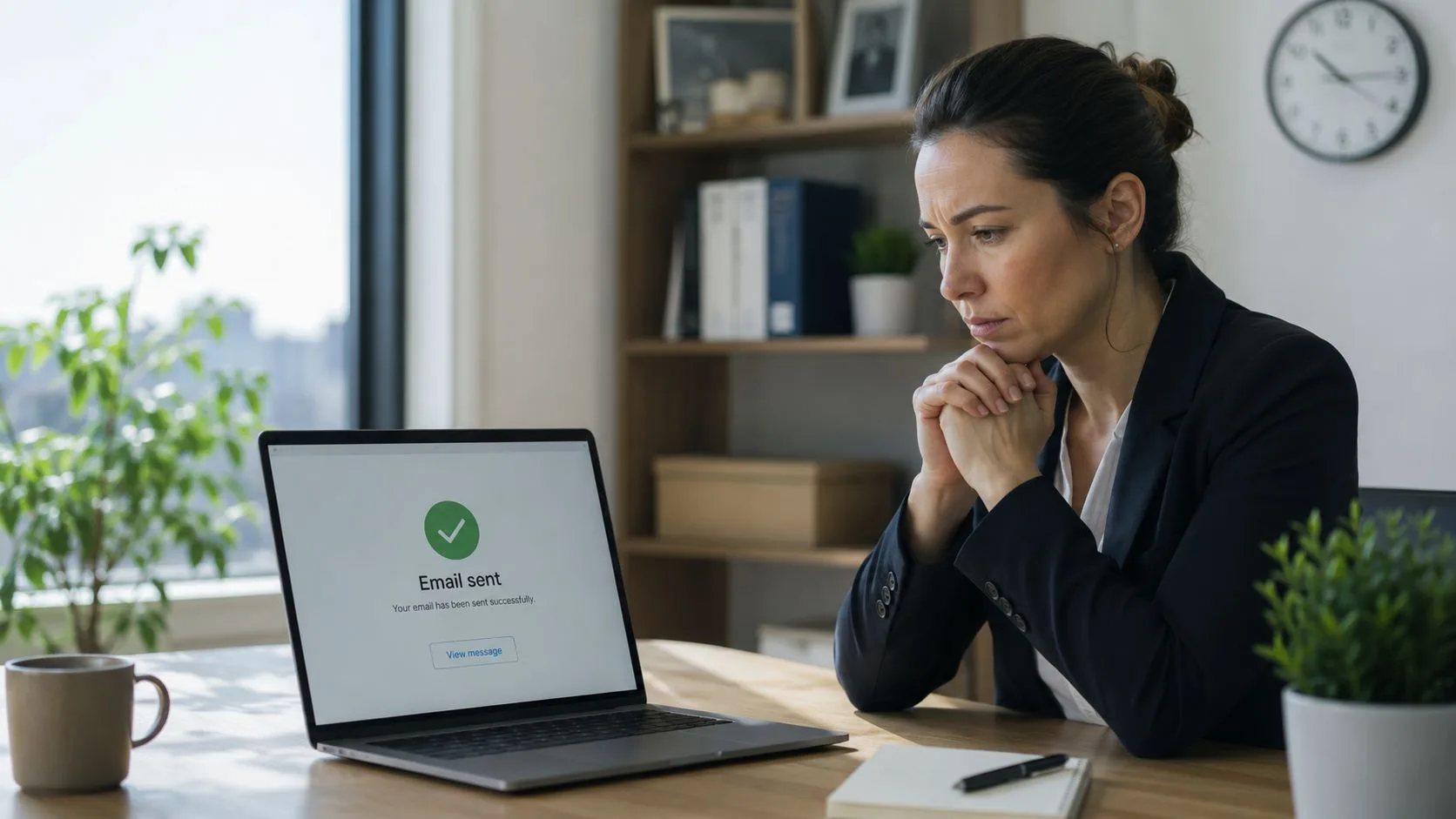 En forretningskvinne ser bekymret ut mens hun sitter ved pulten sin etter å ha sendt en e-post på laptopen.