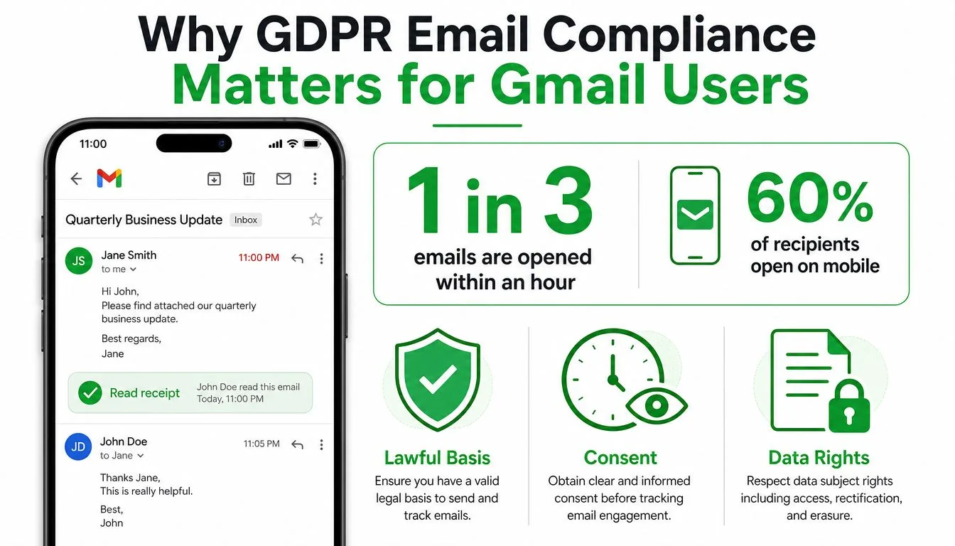 Eine Infografik, die die DSGVO-E-Mail-Compliance für Gmail-Nutzer mit Statistiken und wichtigen Datenschutzanforderungen veranschaulicht.