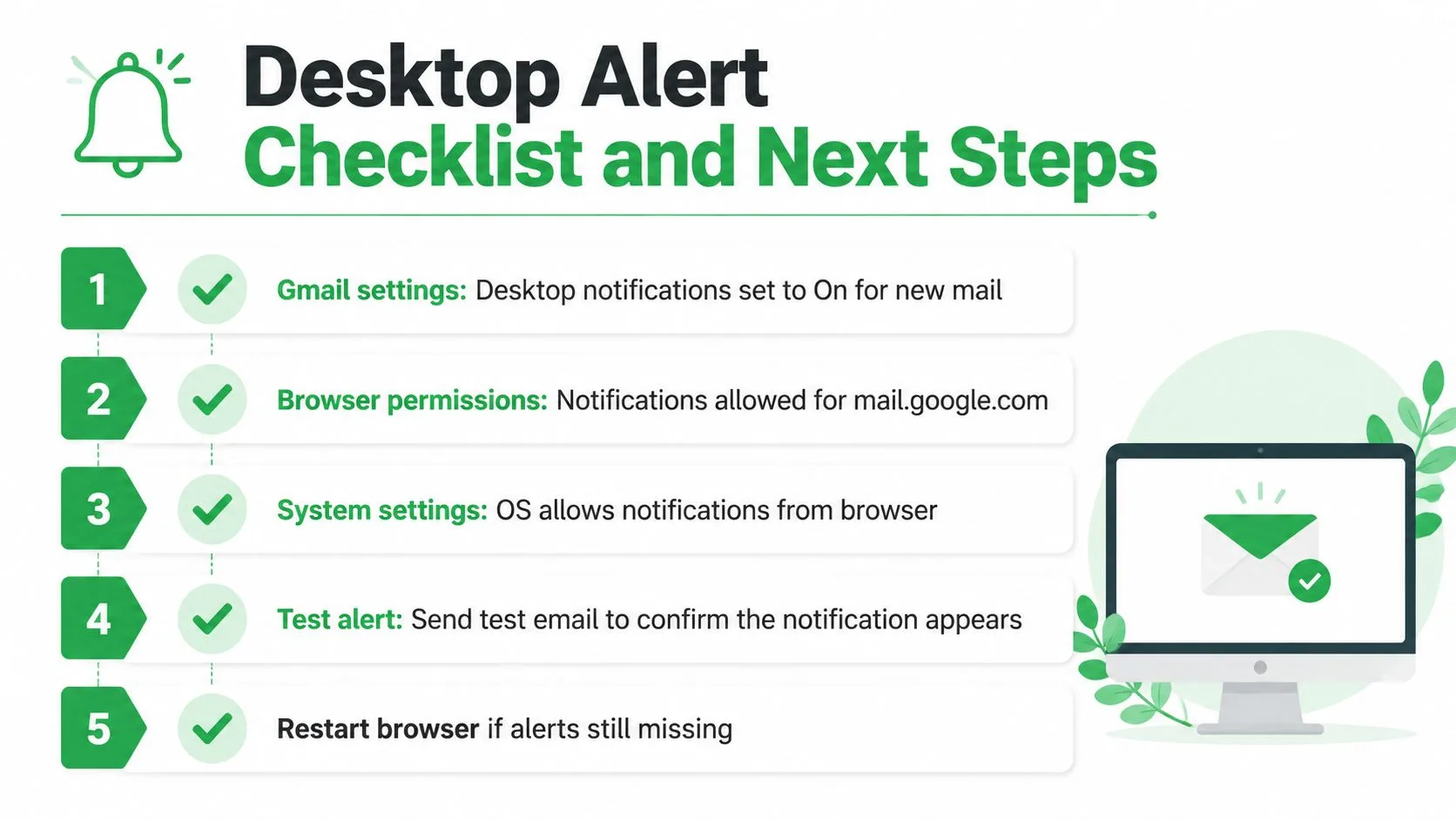 รายการตรวจสอบห้าขั้นตอนสำหรับการเปิดใช้งานการแจ้งเตือน Gmail บนเดสก์ท็อป พร้อมภาพประกอบด้วยไอคอนและหน้าจอคอมพิวเตอร์