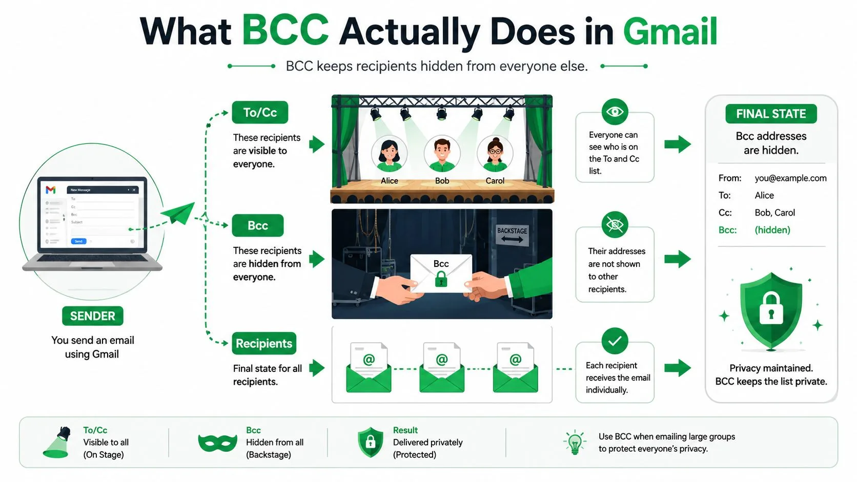 An infographic explaining how BCC works in Gmail by keeping recipient addresses hidden from other email recipients.