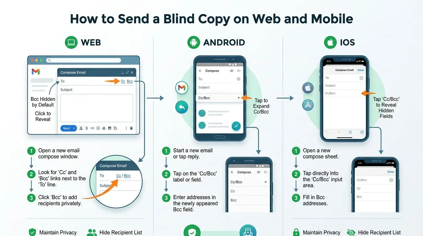 An infographic showing how to send a blind copy email on web, Android, and iOS devices.