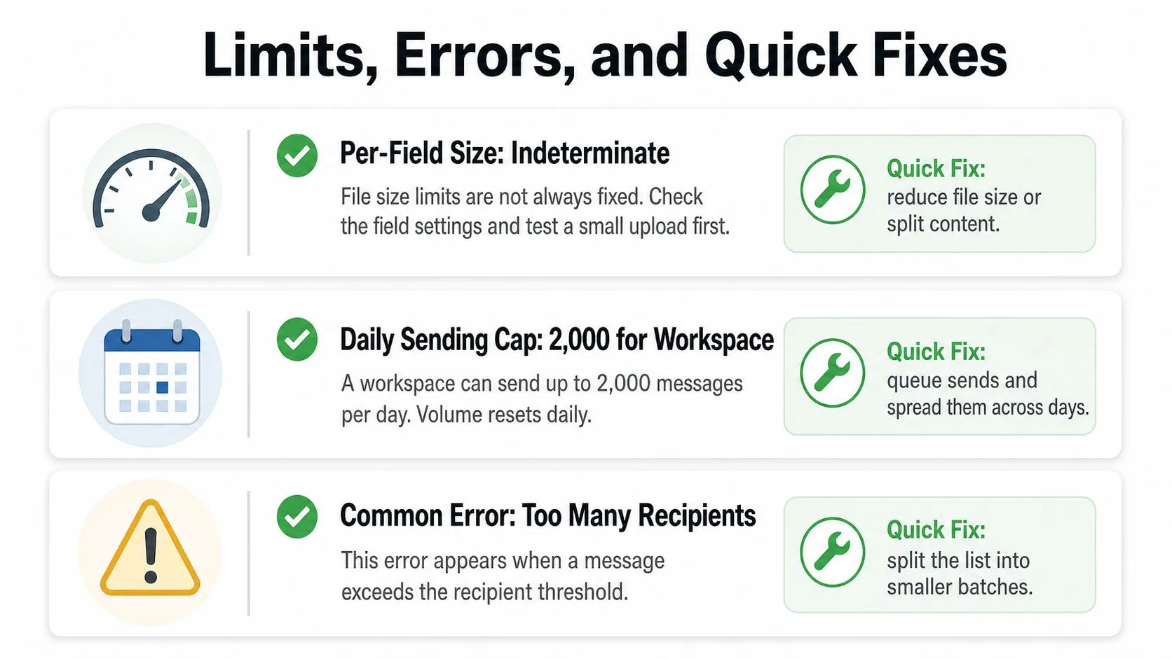 An infographic detailing common email limits, sending errors, and practical quick fixes for digital workspaces.