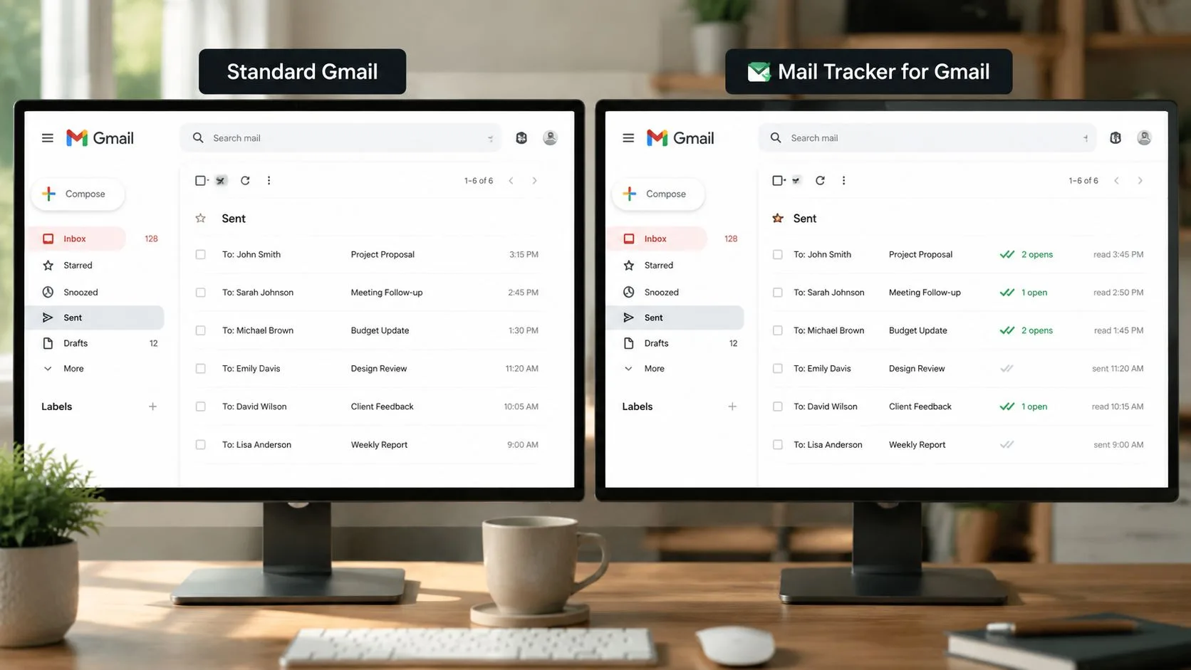 Ein Vergleich nebeneinander, der standardmäßige Gmail-Gesendete-Objekte gegenüber Gmail zeigt, das mit Mail Tracker Lesebestätigungen erweitert wurde.
