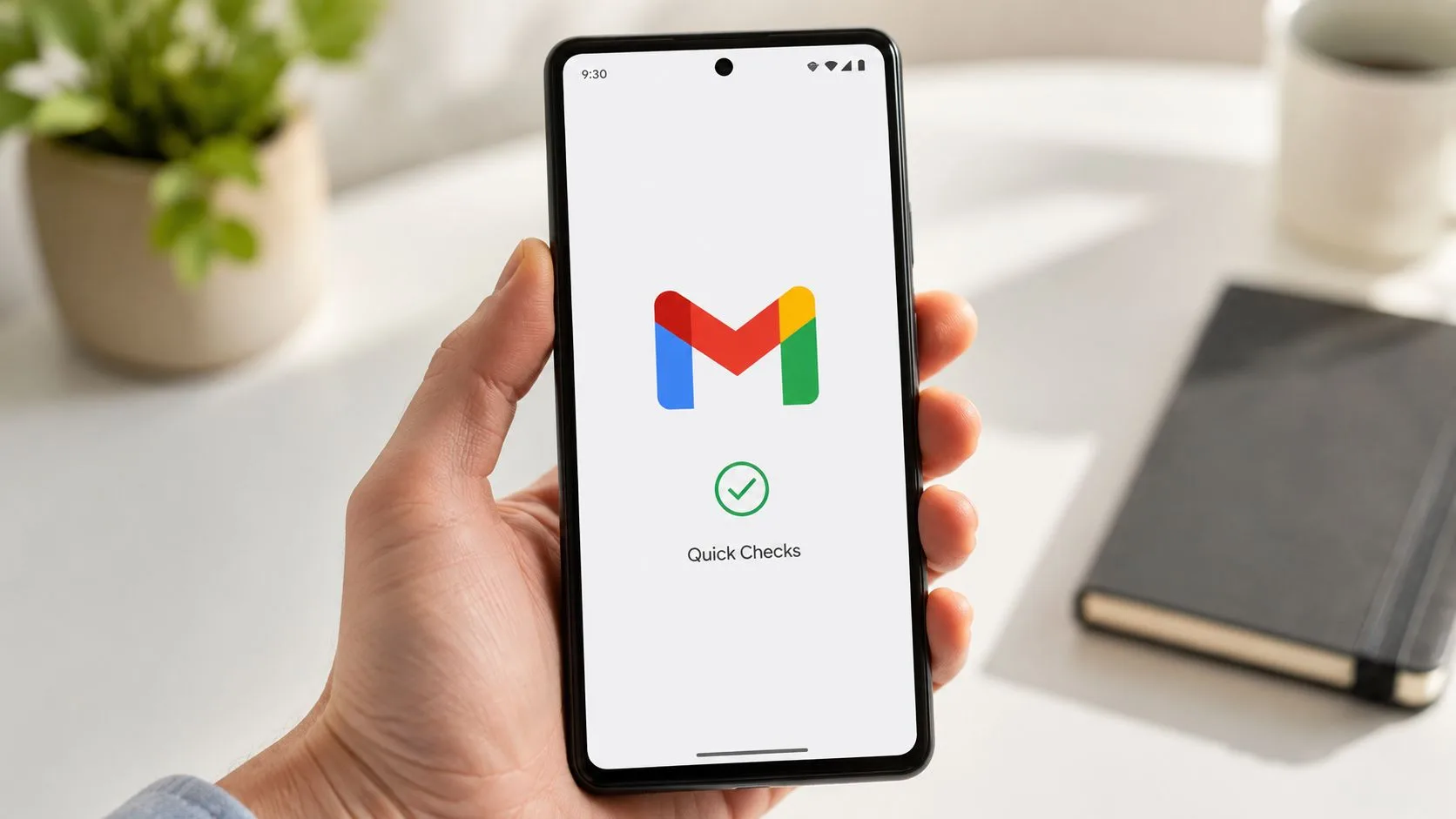 A person holding a smartphone displaying the Gmail logo with a green checkmark and Quick Checks text.