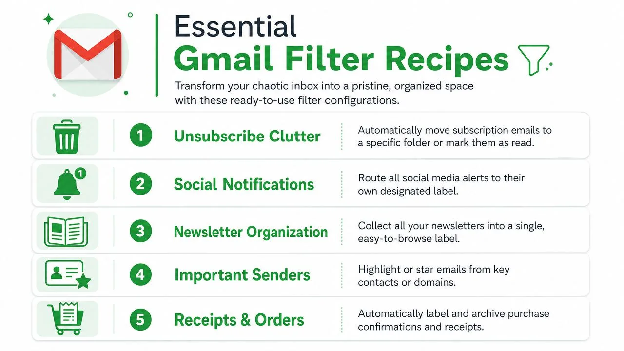 五个用于整理收件箱杂乱的基本 Gmail 过滤器配方列表,包括订阅和收据。