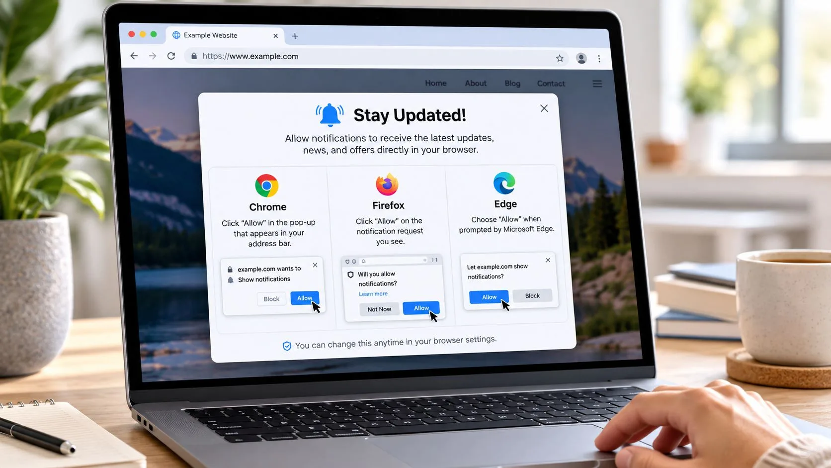 A laptop screen displaying a guide on how to enable browser push notifications for Chrome, Firefox, and Edge.