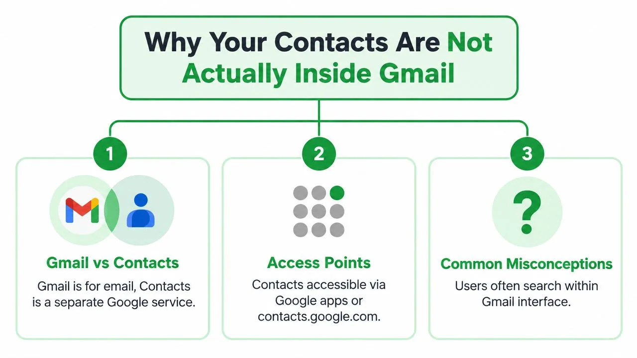 Eine Infografik, die erklärt, dass Google Kontakte ein separater Dienst ist, der sich von der Gmail-E-Mail-Anwendung unterscheidet.