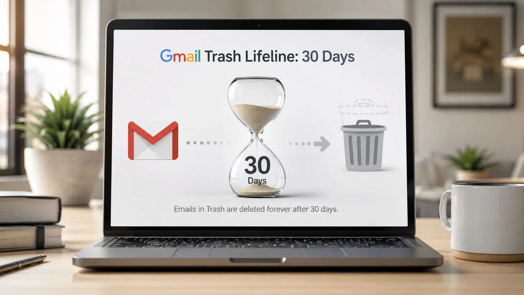 หน้าจอแล็ปท็อปแสดงอินโฟกราฟิกที่แสดงว่าอีเมลในถังขยะของ Gmail จะถูกลบโดยอัตโนมัติหลังจาก 30 วัน