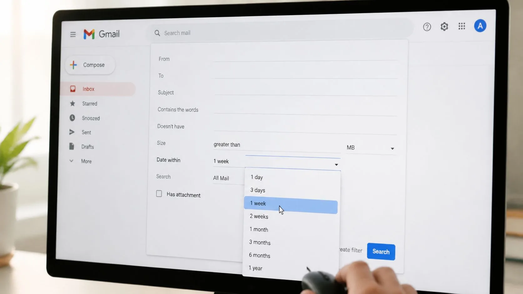 Ein Computerbildschirm, der das erweiterte Suchfenster von Gmail mit einem Dropdown-Menü für die Auswahl des Datumsbereichs zeigt.