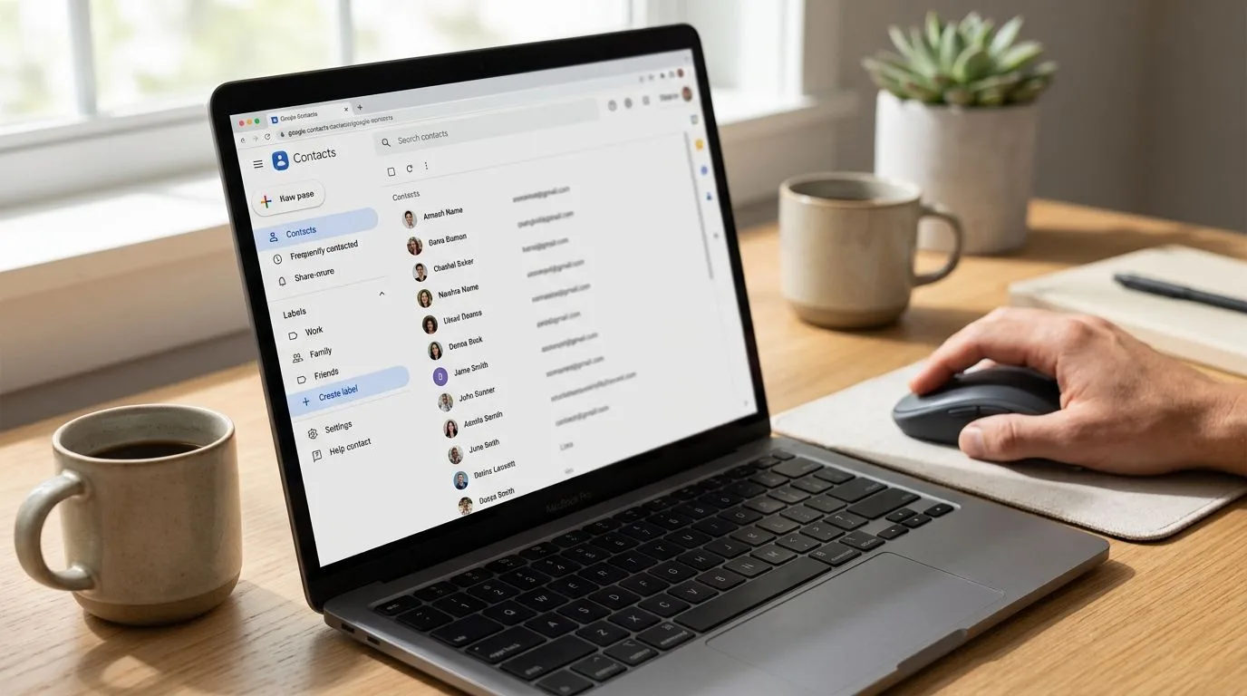 Une personne utilisant un ordinateur portable pour gérer Google Contacts tout en étant assise à un bureau en bois avec un café.