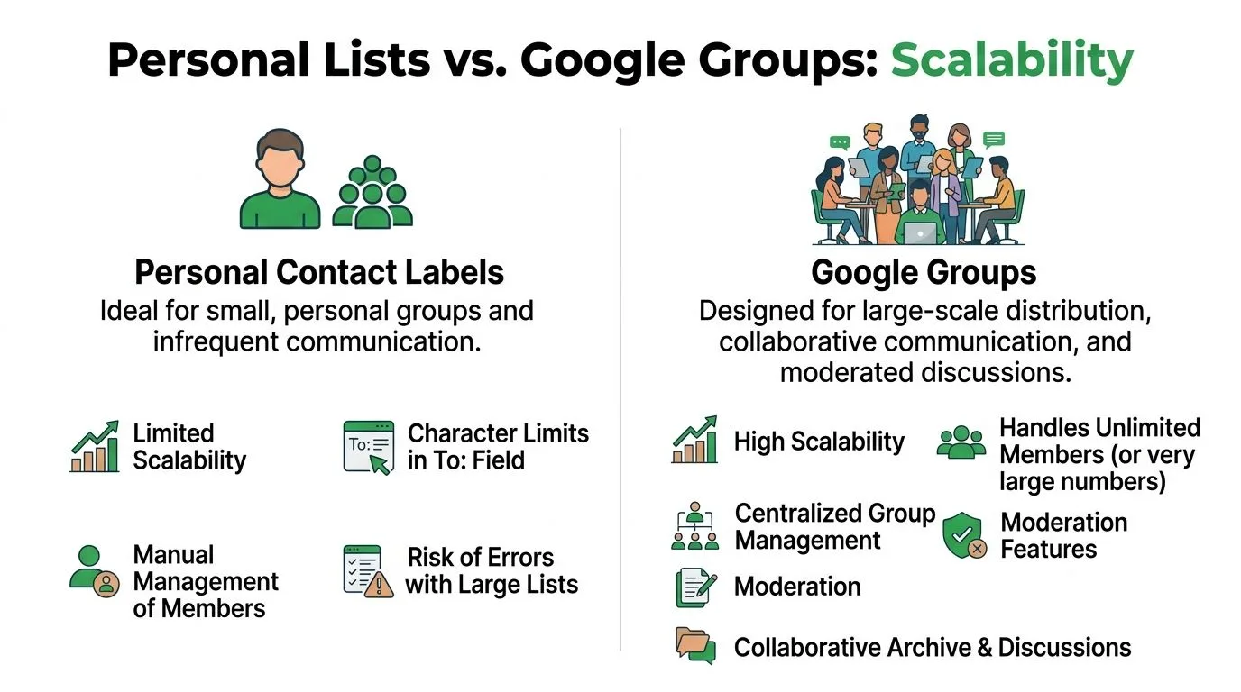 Un tableau comparatif montrant les différences entre les Libellés de contacts personnels et les Groupes Google pour l'évolutivité de la communication par e-mail.