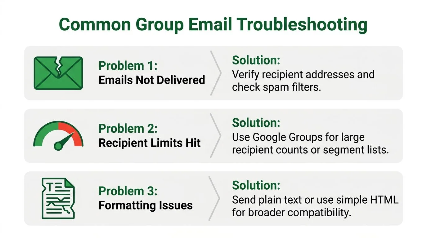 Un tableau montrant les problèmes de dépannage courants des e-mails de groupe et leurs solutions respectives pour une meilleure livraison des e-mails.