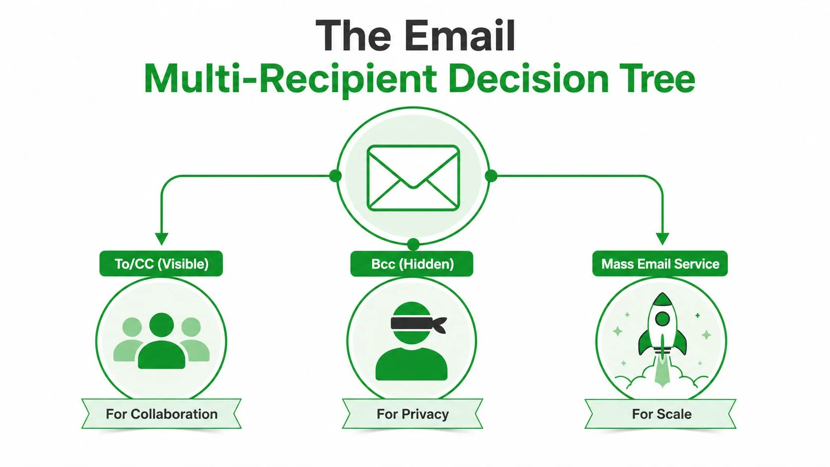 An infographic showing the email multi-recipient decision tree for choosing between To/CC, Bcc, or mass services.