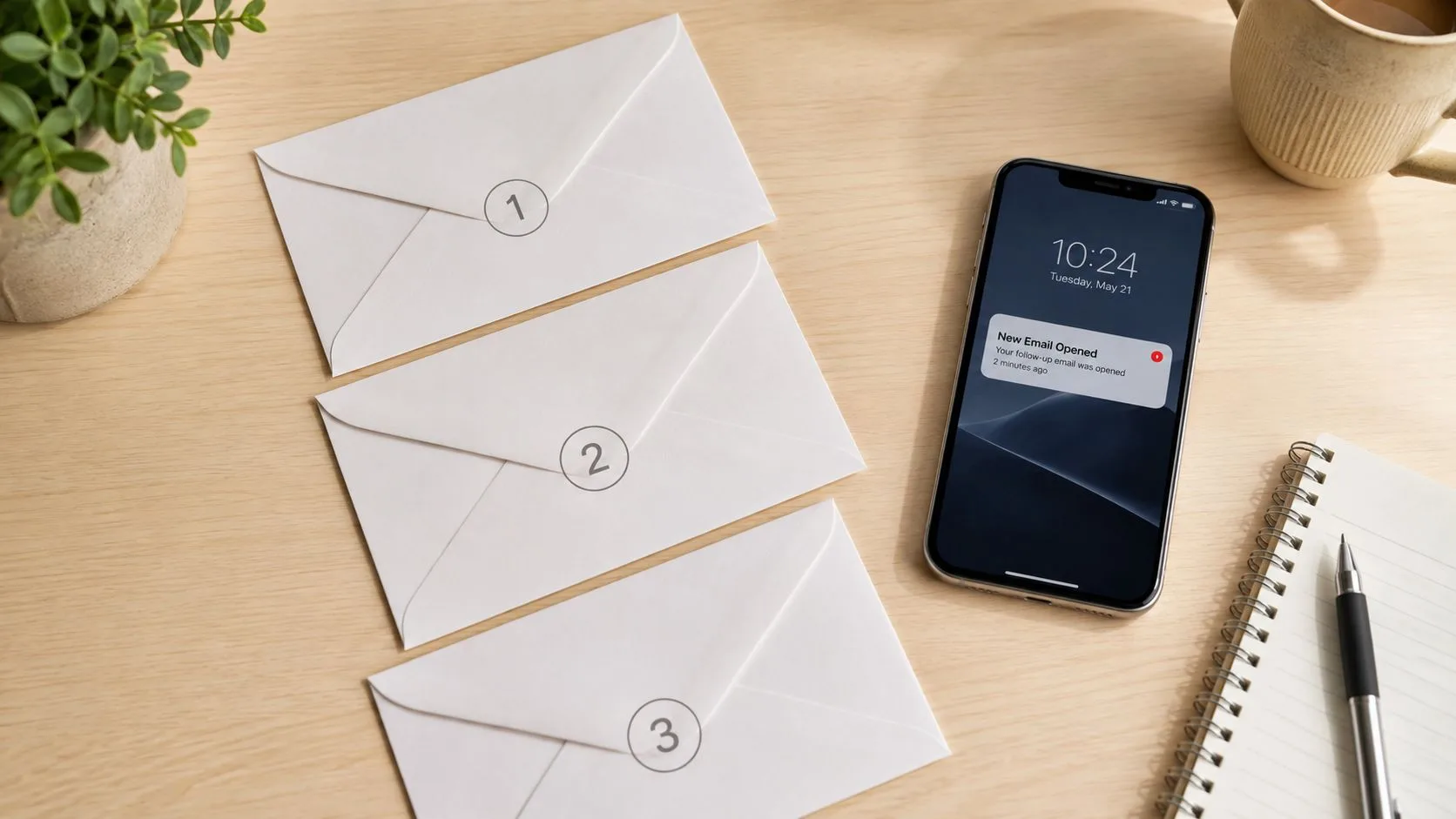 A high-angle shot of a desk with three numbered envelopes and a smartphone displaying an email notification.