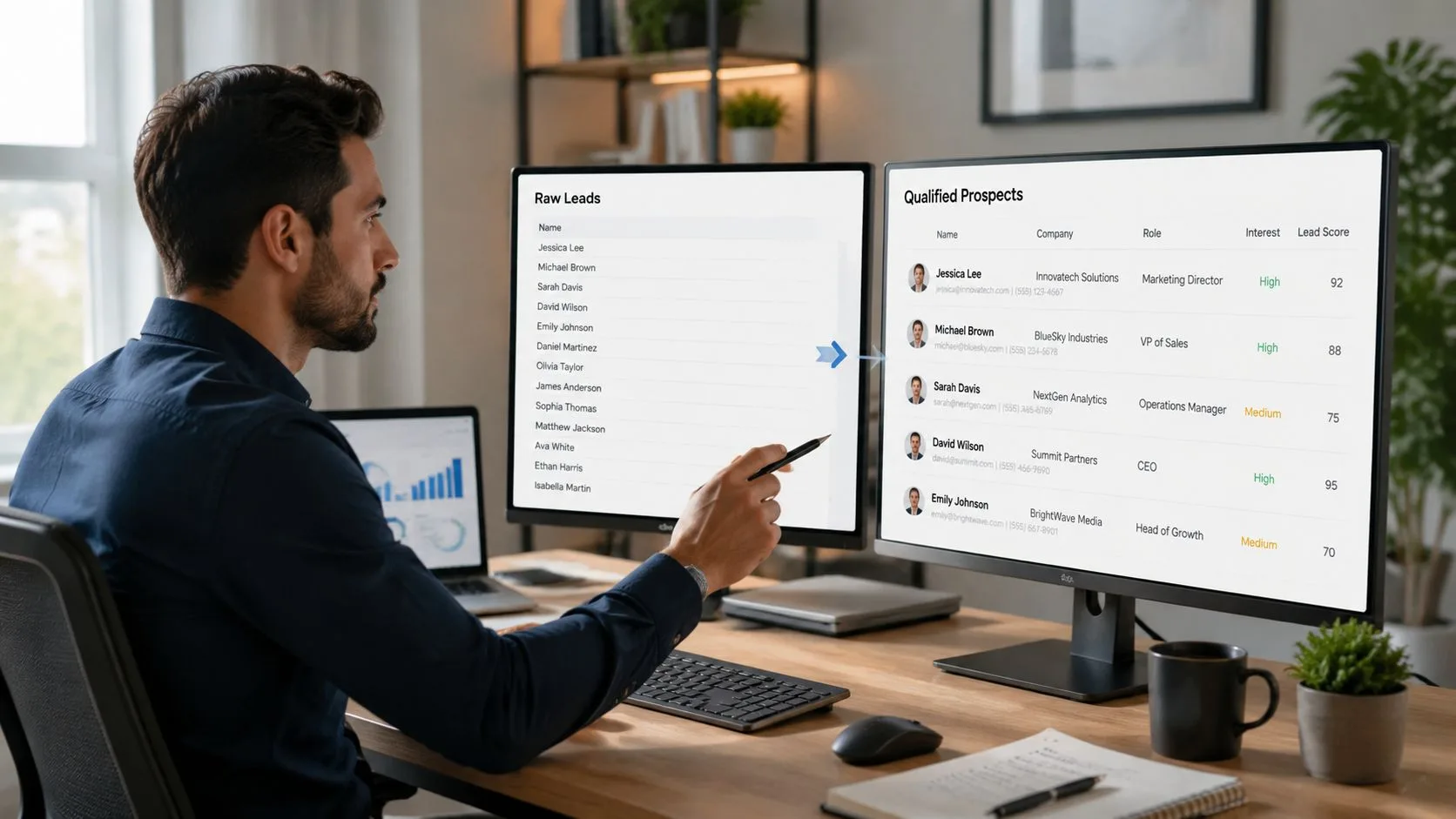 Ein Profi analysiert einen Datenvergleich zwischen einer Liste roher Leads und einer Datenbank qualifizierter Prospects.