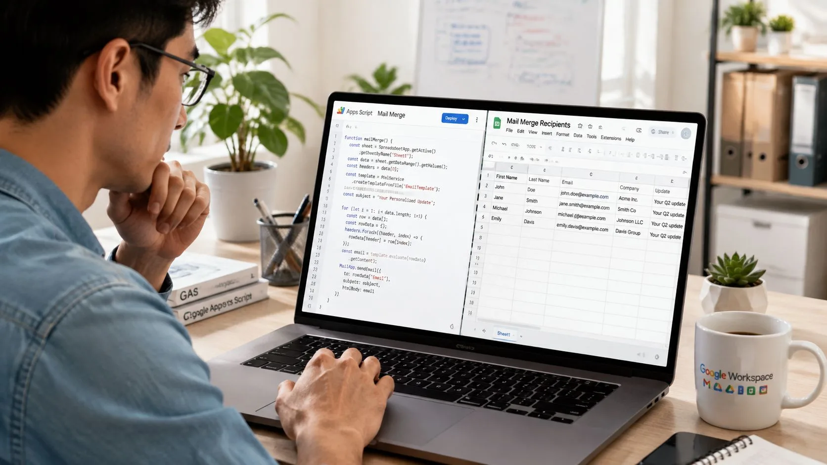 บุคคลกำลังเขียนโค้ด Google Apps Script เพื่อทำ Mail Merge อัตโนมัติด้วยสเปรดชีตบนแล็ปท็อป