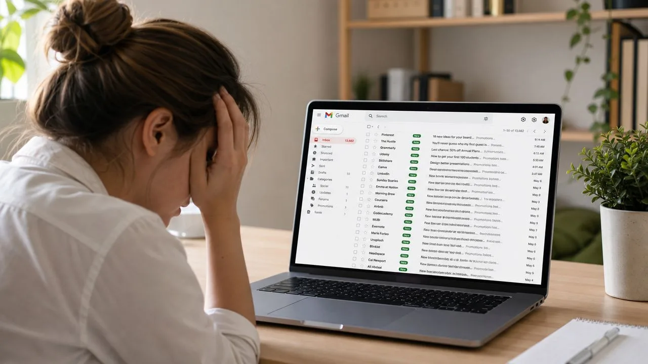 Una donna stressata seduta a una scrivania mentre guarda un numero eccessivo di email sul suo portatile.