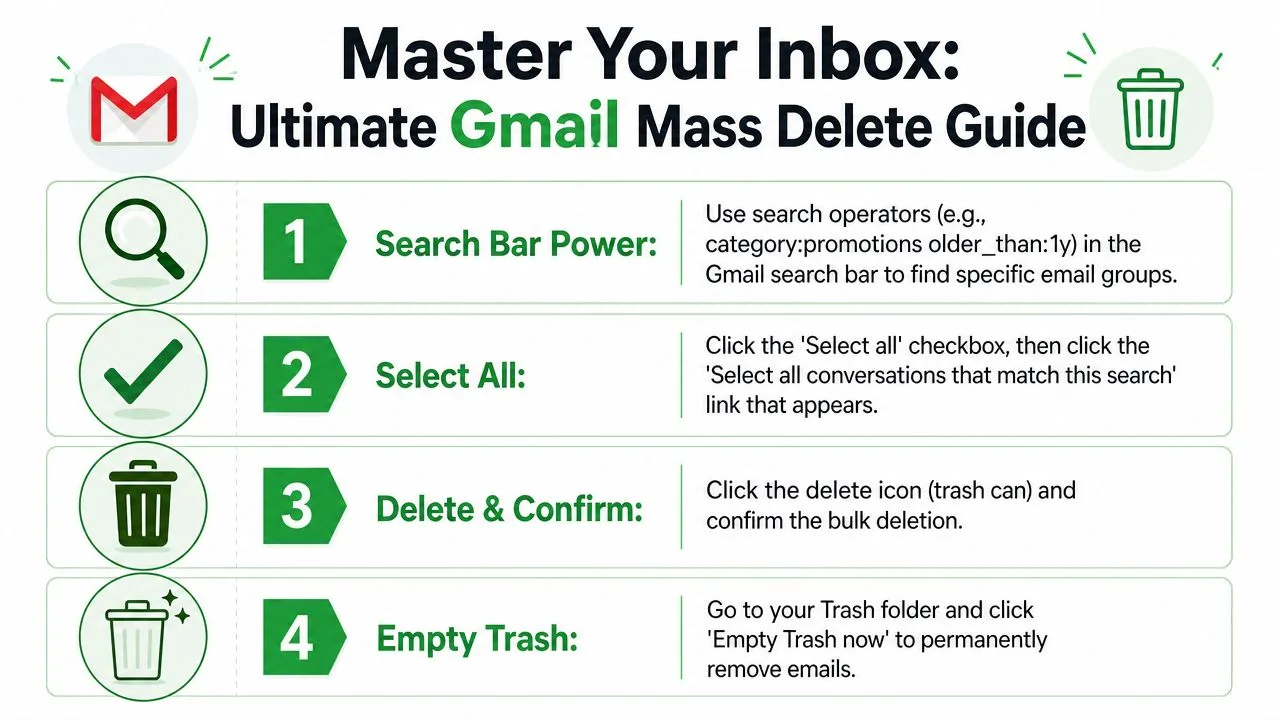 Un'infografica intitolata Master Your Inbox che mostra una guida in quattro passaggi su come eliminare in massa le email di Gmail.