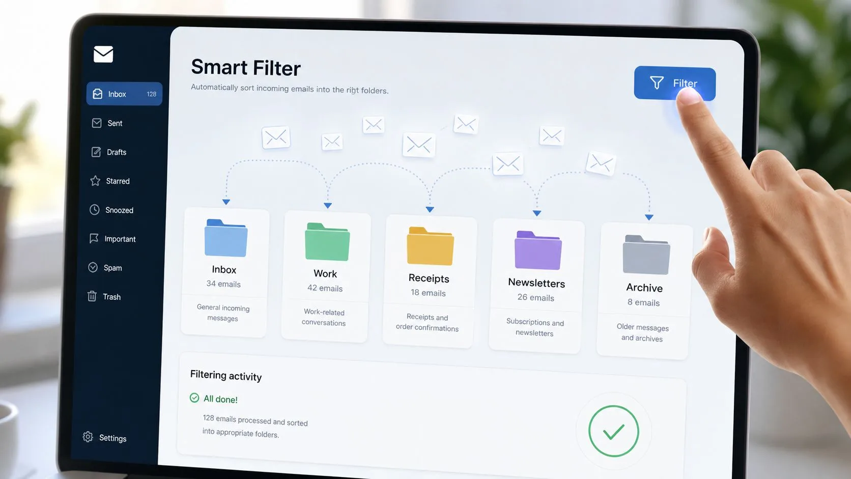 Uno schermo digitale che mostra un'interfaccia di filtraggio email intelligente con cartelle organizzate da un sistema automatizzato.