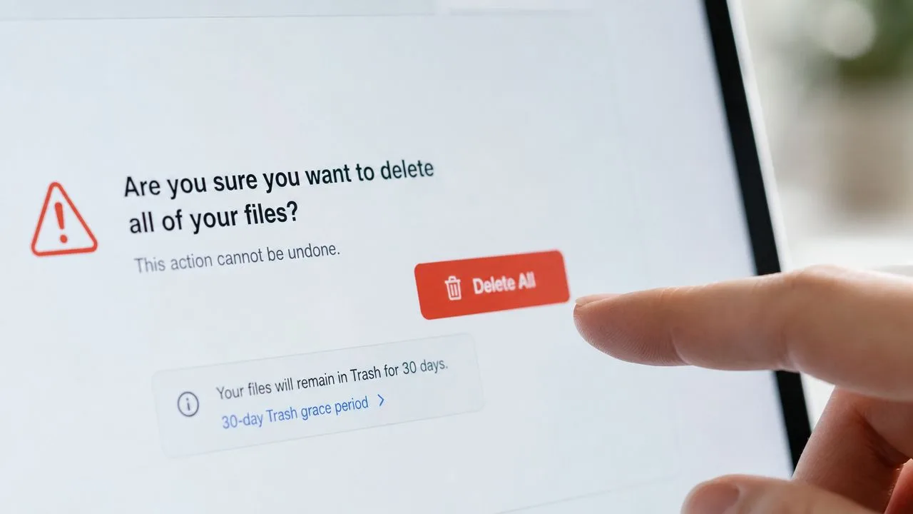 Uno schermo digitale che mostra un prompt di conferma per eliminare tutti i file con un pulsante rosso.
