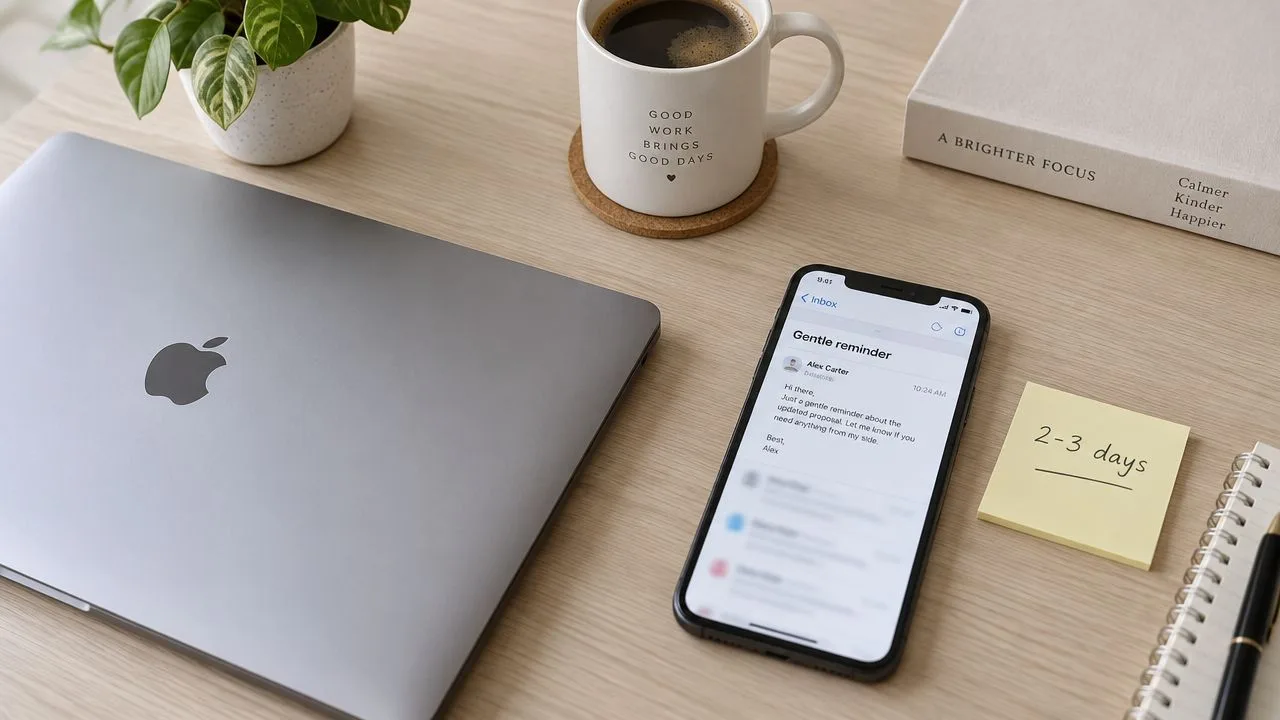 A modern workspace with a laptop, a mug of coffee, a smartphone displaying email, and a sticky note.