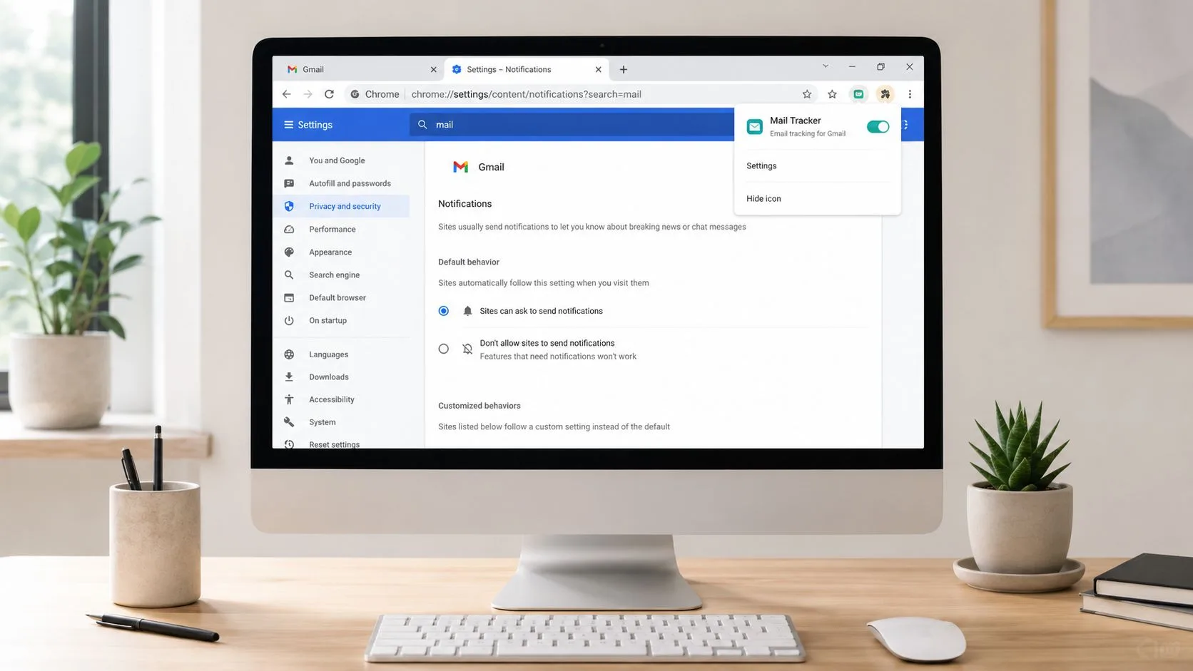 A desktop computer displaying Google Chrome browser settings page focused on email notification configuration and site permissions.