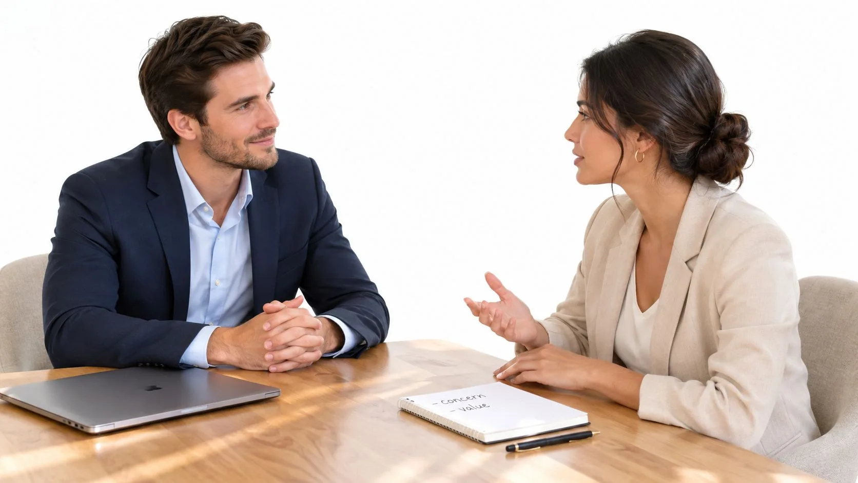 A professional man and woman having a business meeting at a wooden table in an office setting.