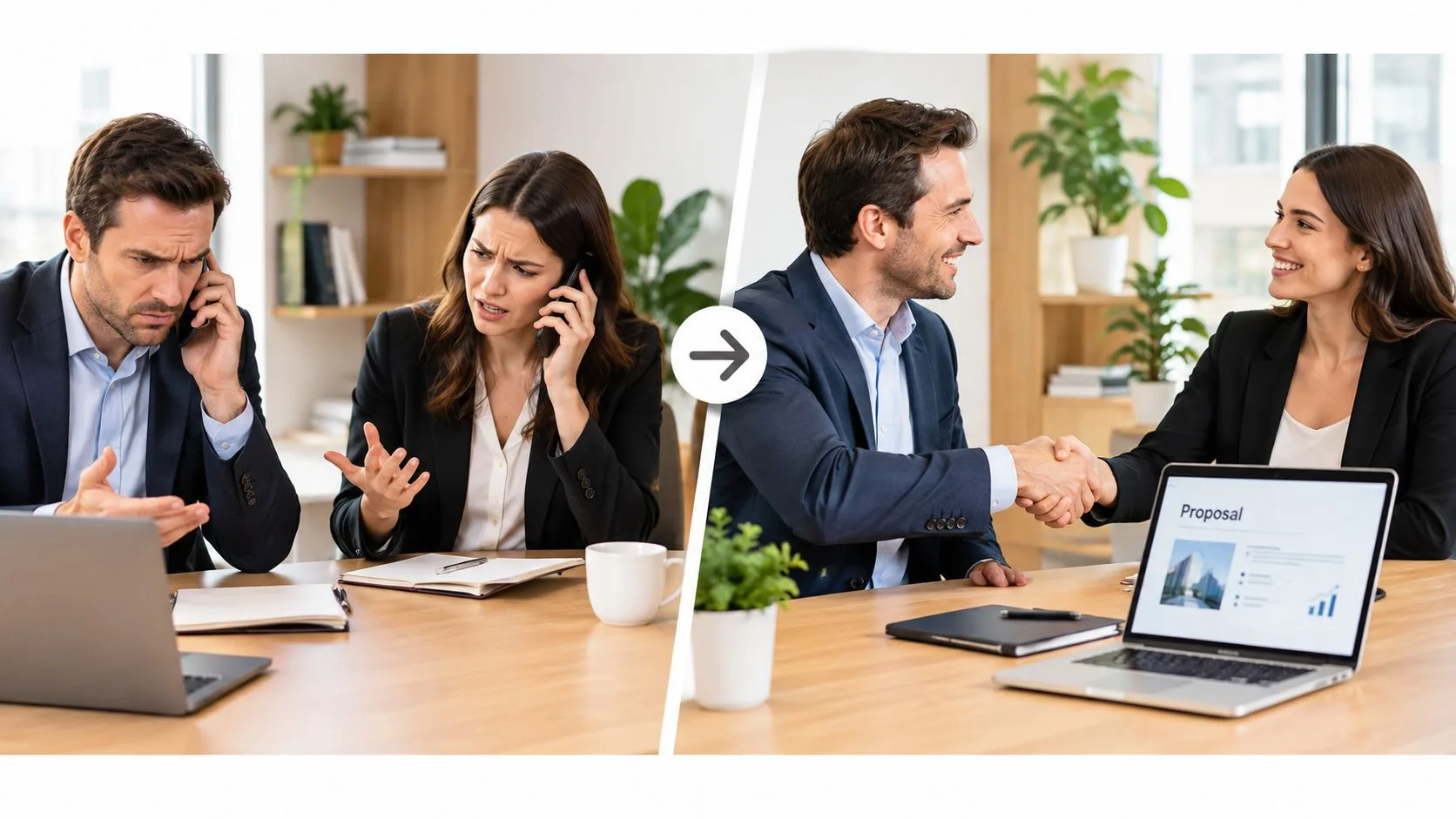 A split screen image showing business professionals overcoming an objection in sales through negotiation and partnership.