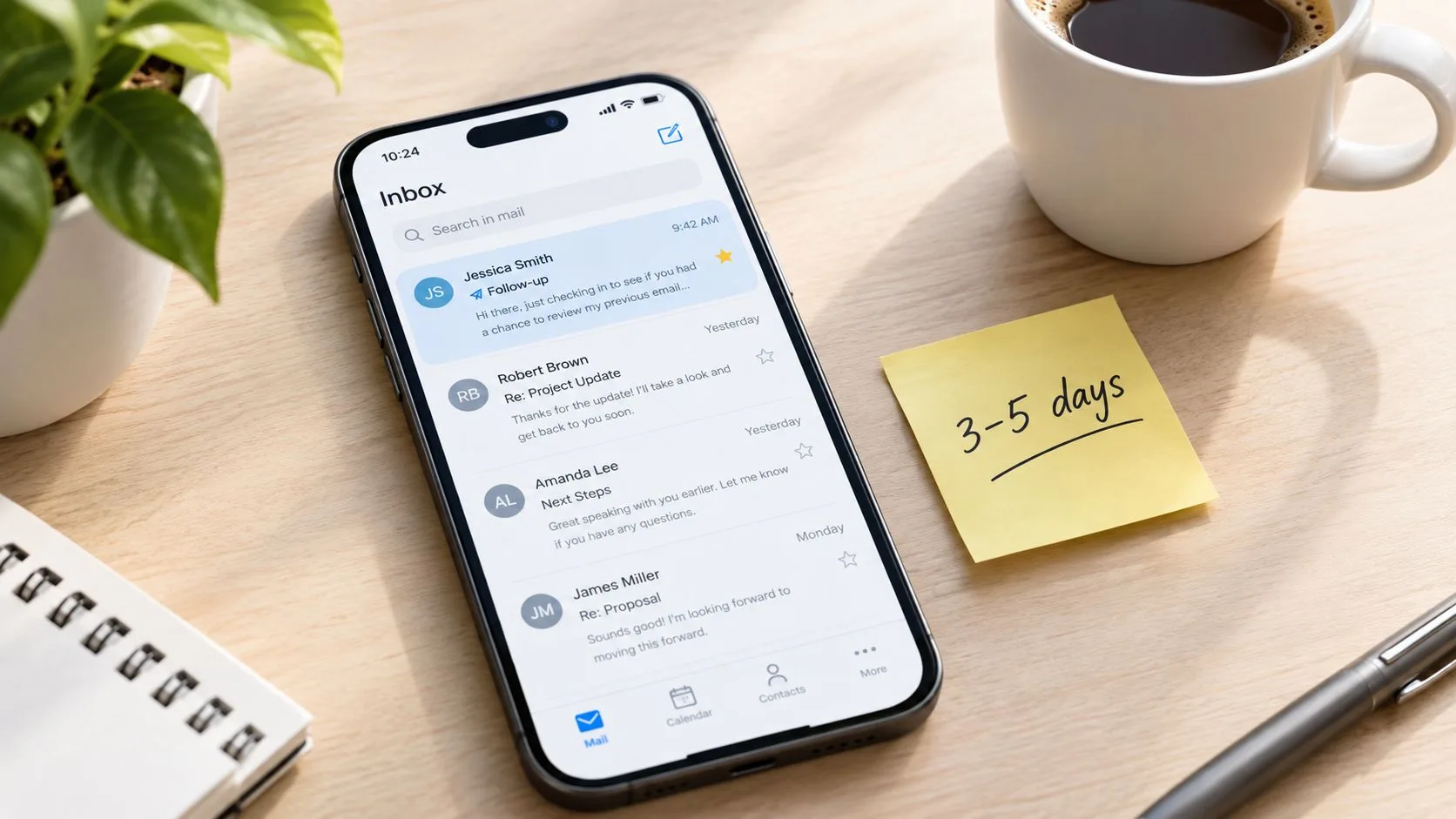 A smartphone displaying an email inbox, a cup of coffee, and a sticky note saying 3-5 days.