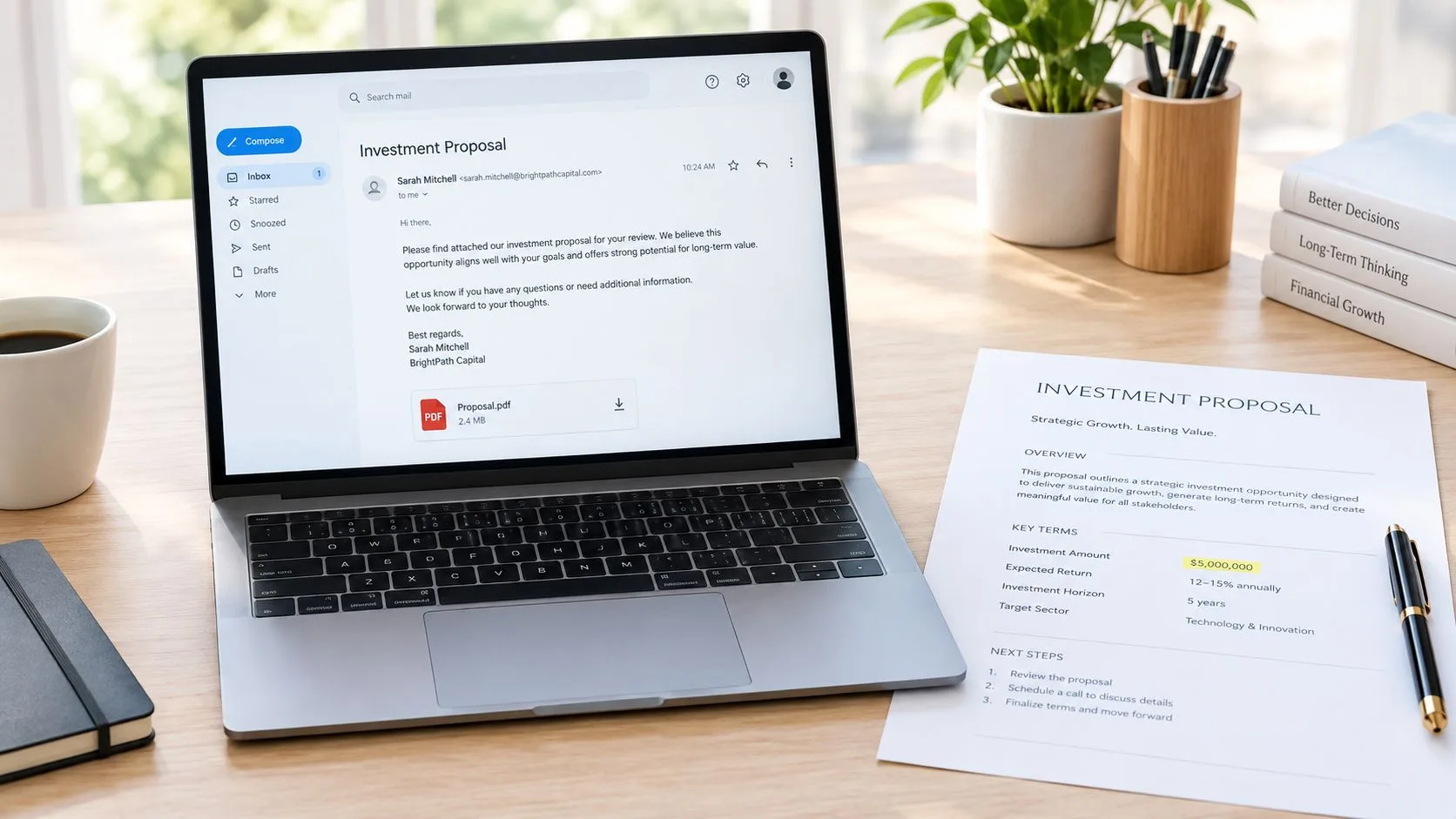 A professional laptop screen displaying an email investment proposal next to a printed document on a desk.
