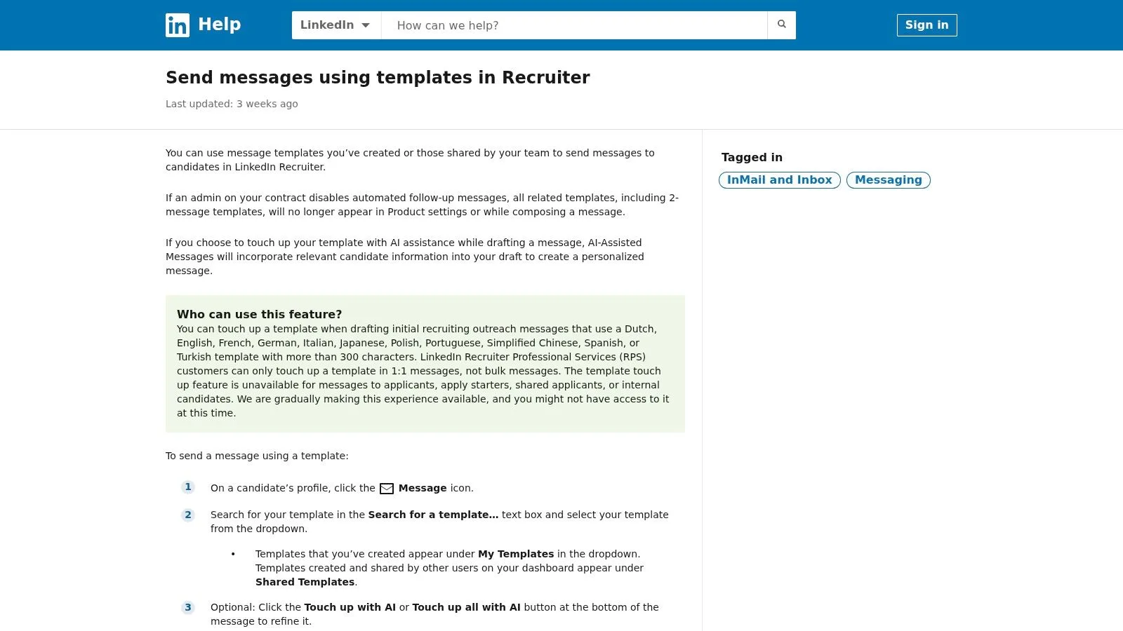 LinkedIn Recruiter – InMail/メッセージテンプレート（候補者アウトリーチ用）