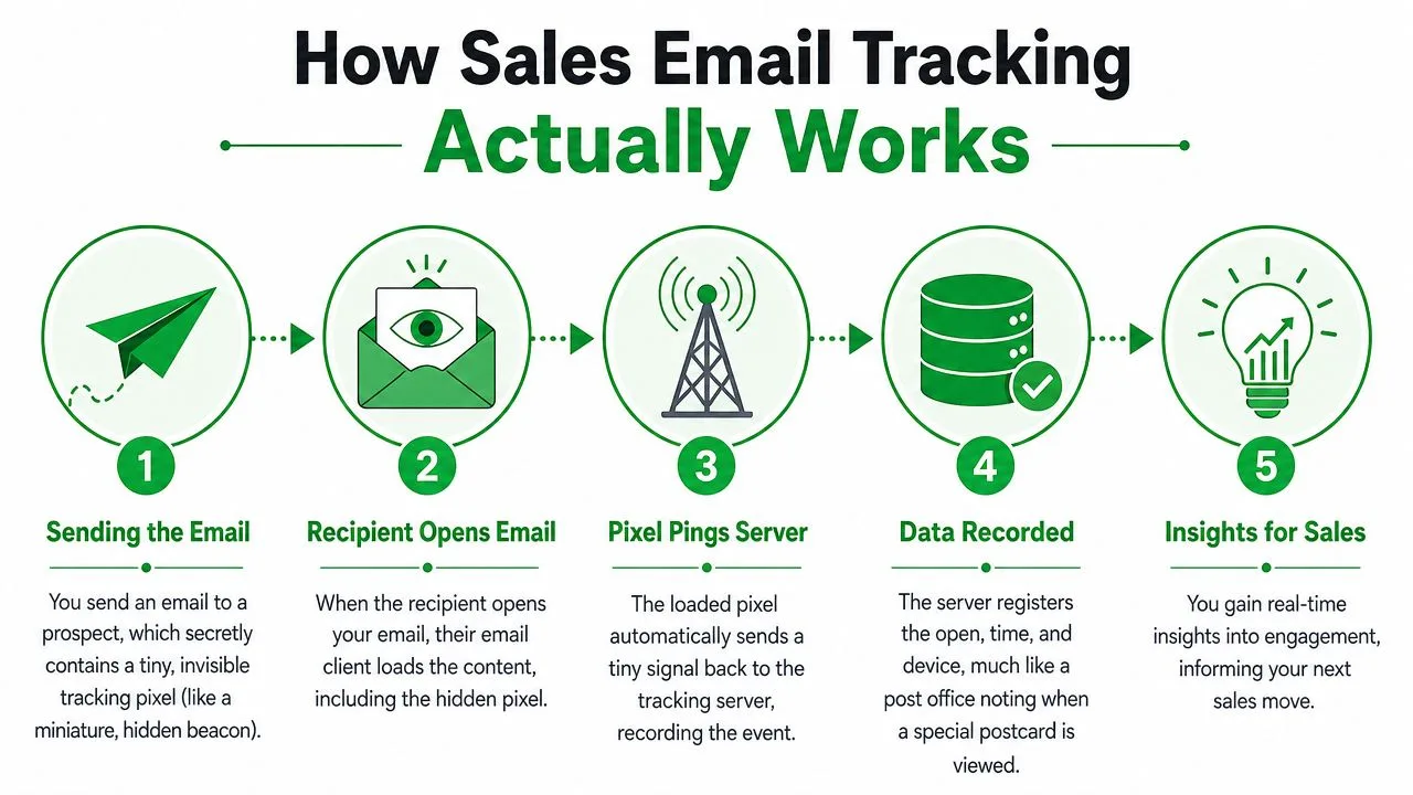 An infographic illustrating the five-step process of how sales email tracking works using invisible tracking pixels.