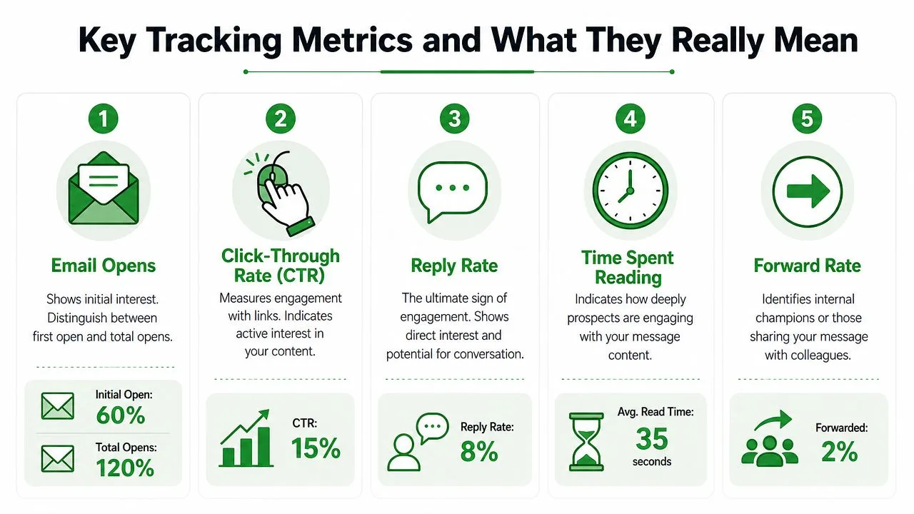An infographic detailing five key email marketing metrics including open rate, click-through rate, reply rate, reading time, and forward rate.