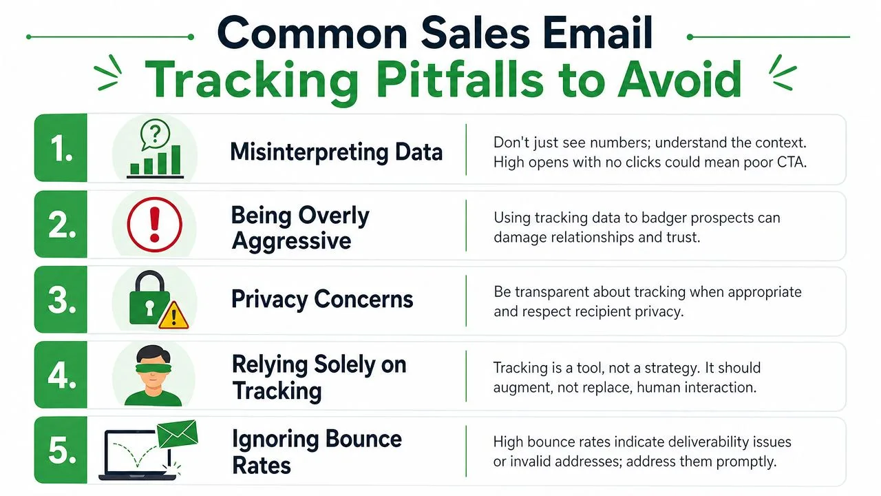 An infographic titled Common Sales Email Tracking Pitfalls to Avoid listing five key mistakes to avoid.