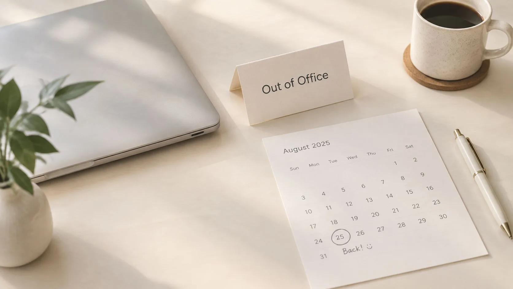 Una scrivania minimalista con un laptop, una tazza di caffè e un calendario che mostra agosto 2025.